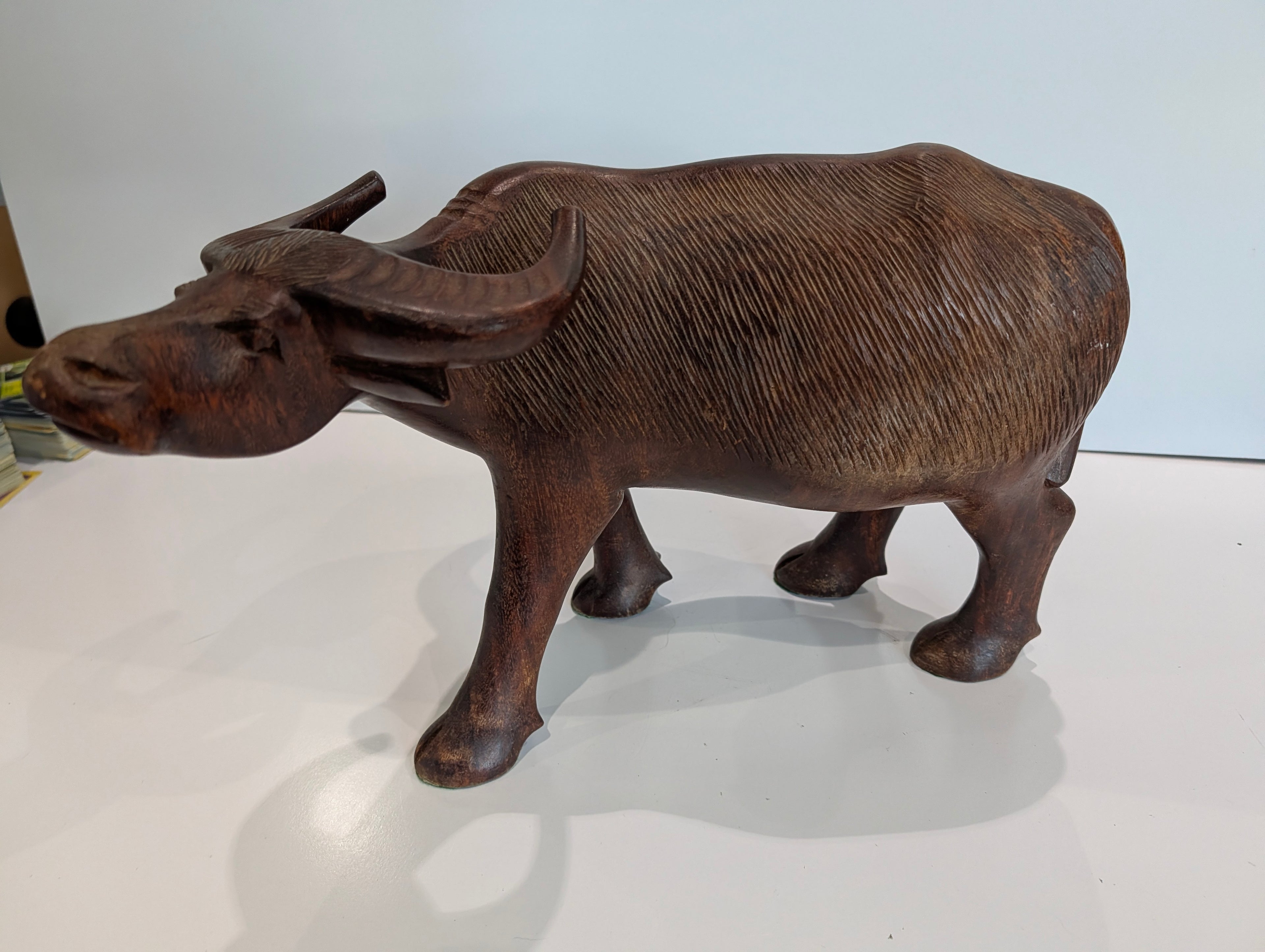 Vintage Hand Carved Wooden Water Buffalo Figurine Rustic Farmhouse Decor