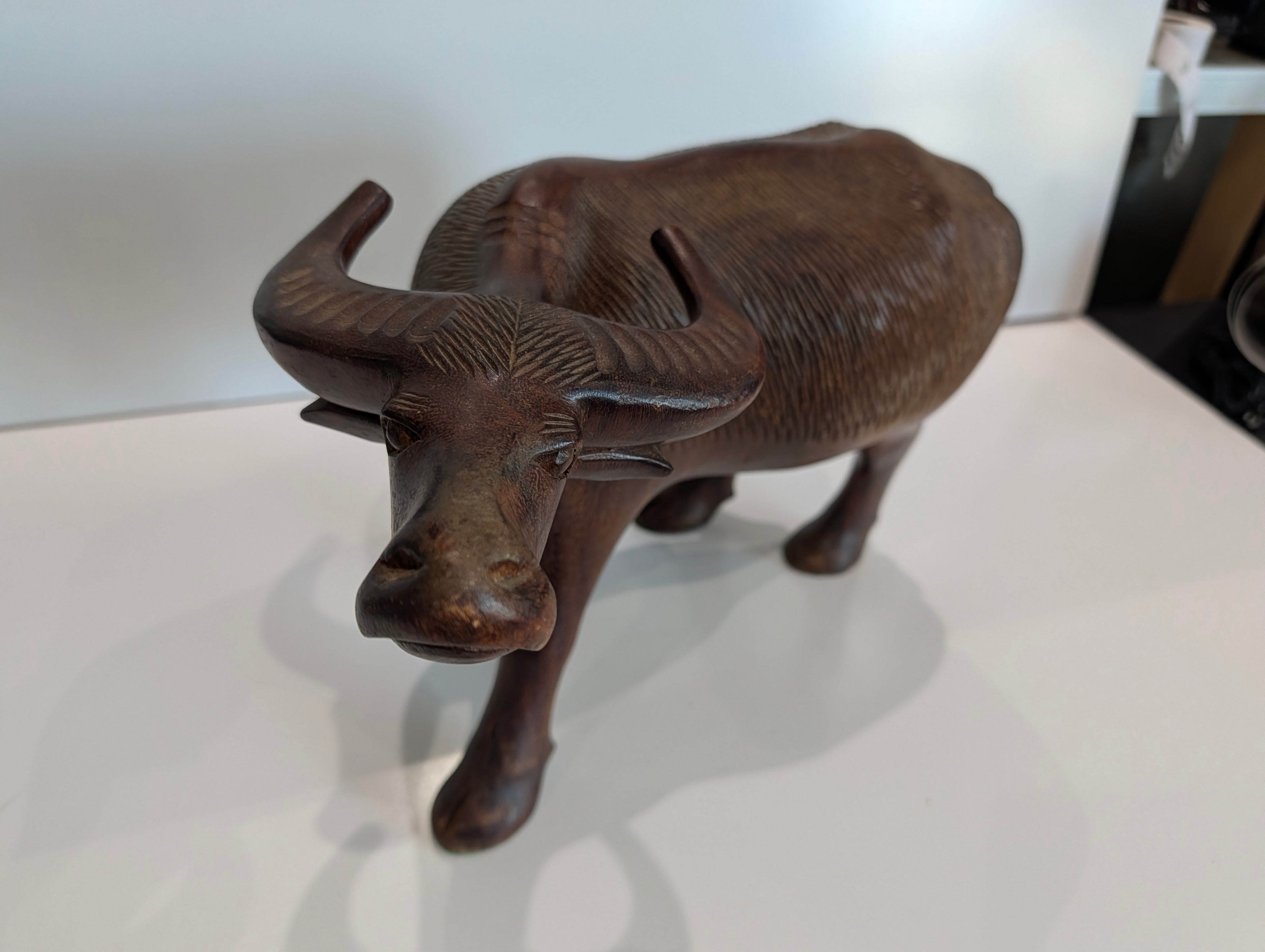 Vintage Hand Carved Wooden Water Buffalo Figurine Rustic Farmhouse Decor