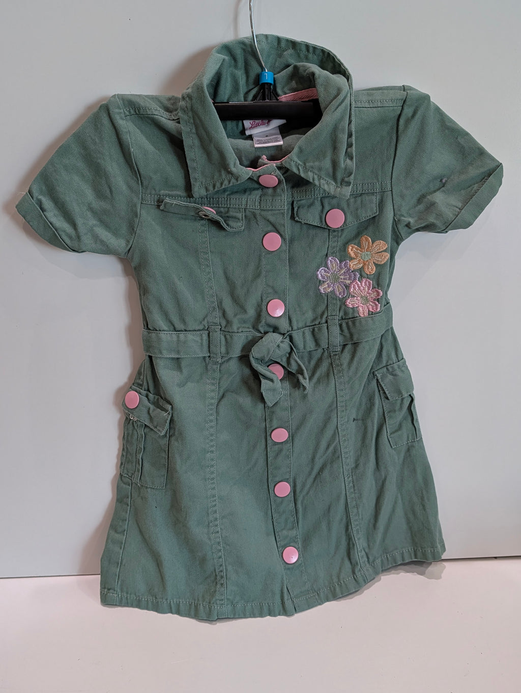 Little Lass Girls Dress Size 6 Green Button Front Floral Embroidered Outfit