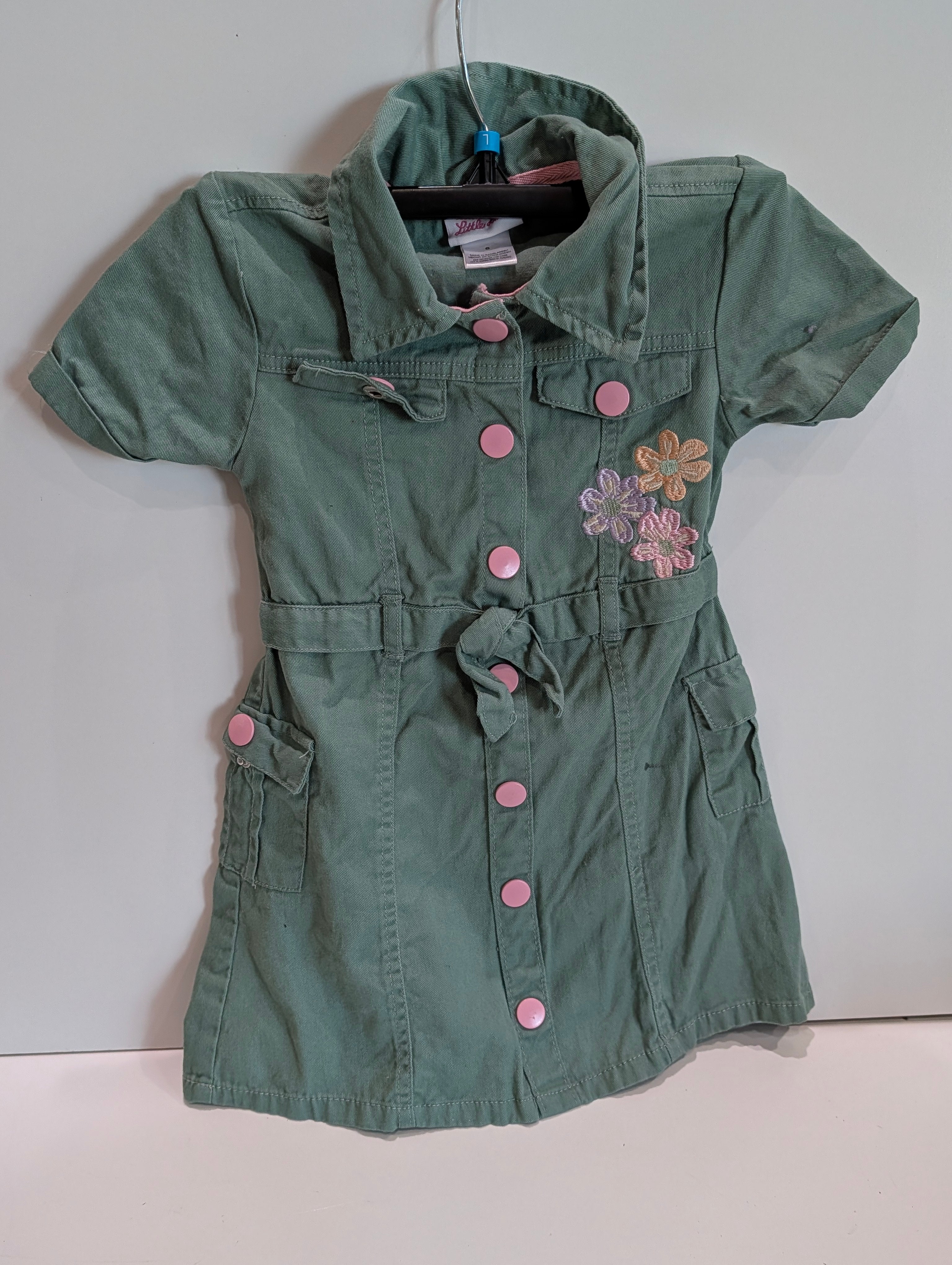 Little Lass Girls Dress Size 6 Green Button Front Floral Embroidered Outfit