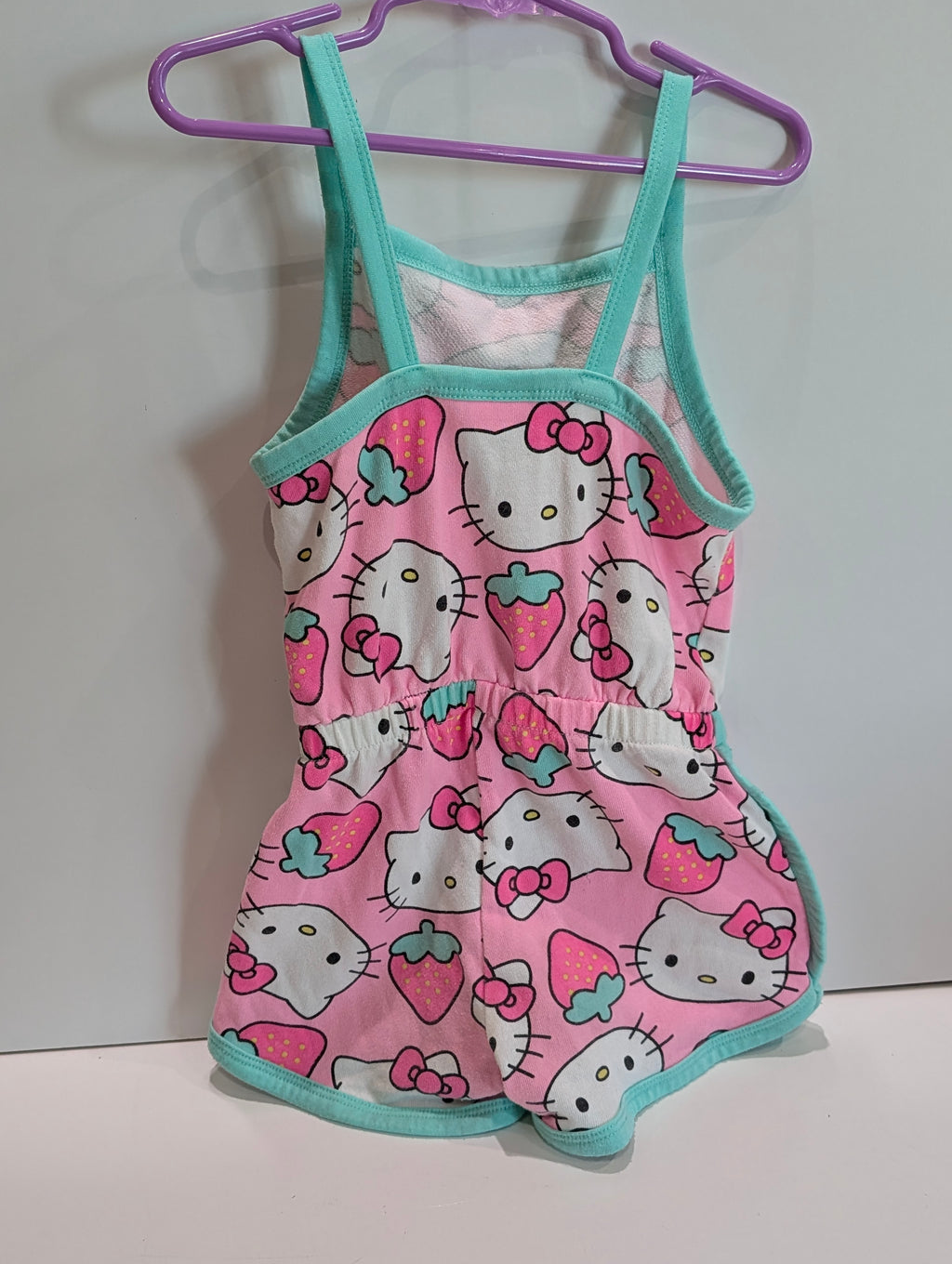Hello Kitty Girls Romper XS 4-5 Pink Strawberry Print Sanrio Outfit Cute
