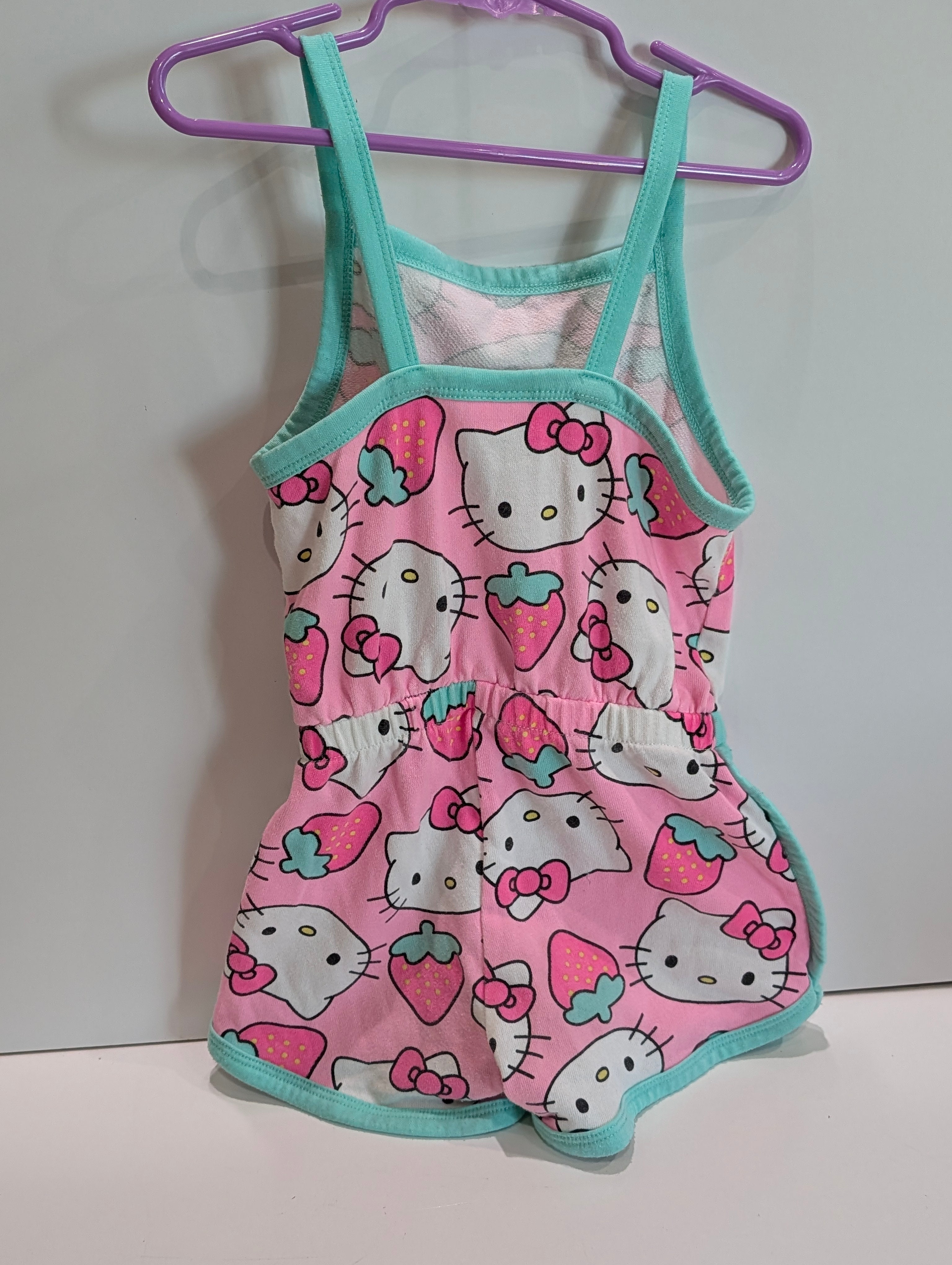 Hello Kitty Girls Romper XS 4-5 Pink Strawberry Print Sanrio Outfit Cute
