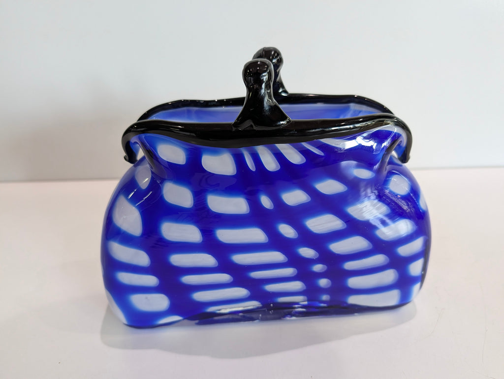 Vintage Murano Style Blue White Art Glass Handbag Purse Vase Black Handle Italy