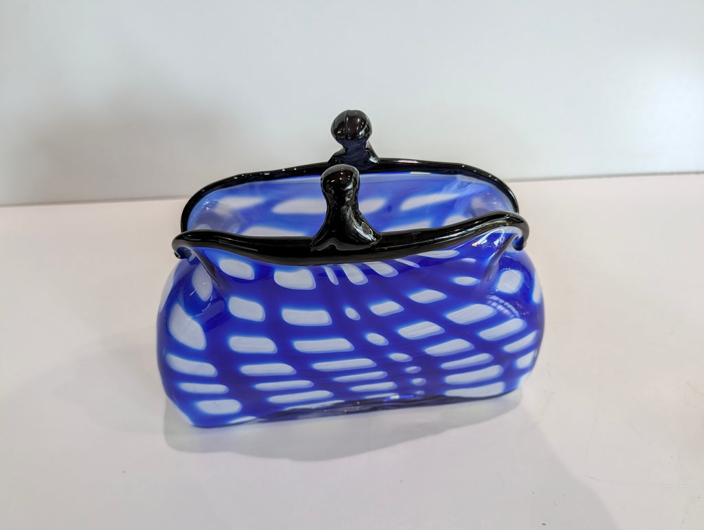 Vintage Murano Style Blue White Art Glass Handbag Purse Vase Black Handle Italy