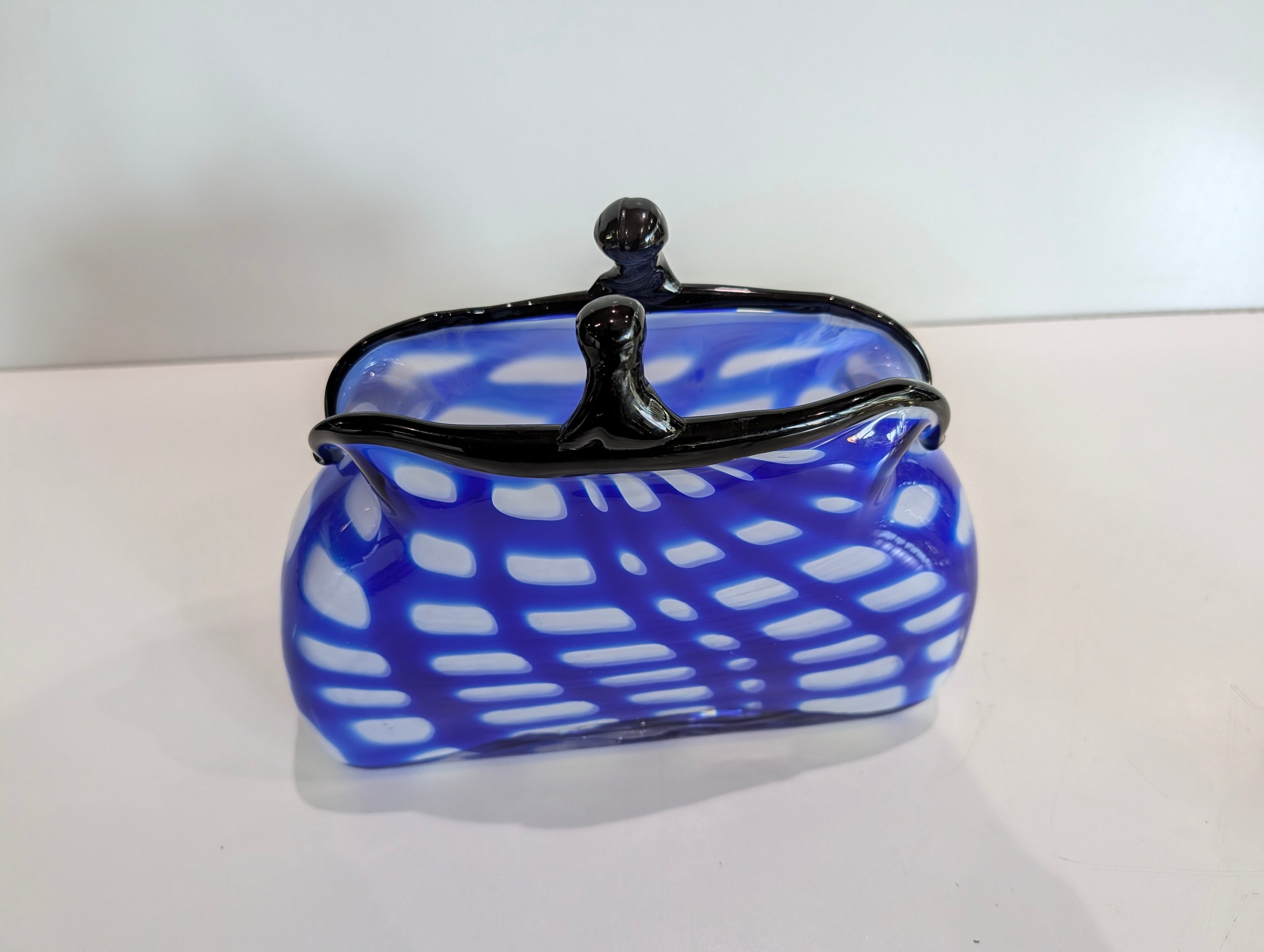 Vintage Murano Style Blue White Art Glass Handbag Purse Vase Black Handle Italy