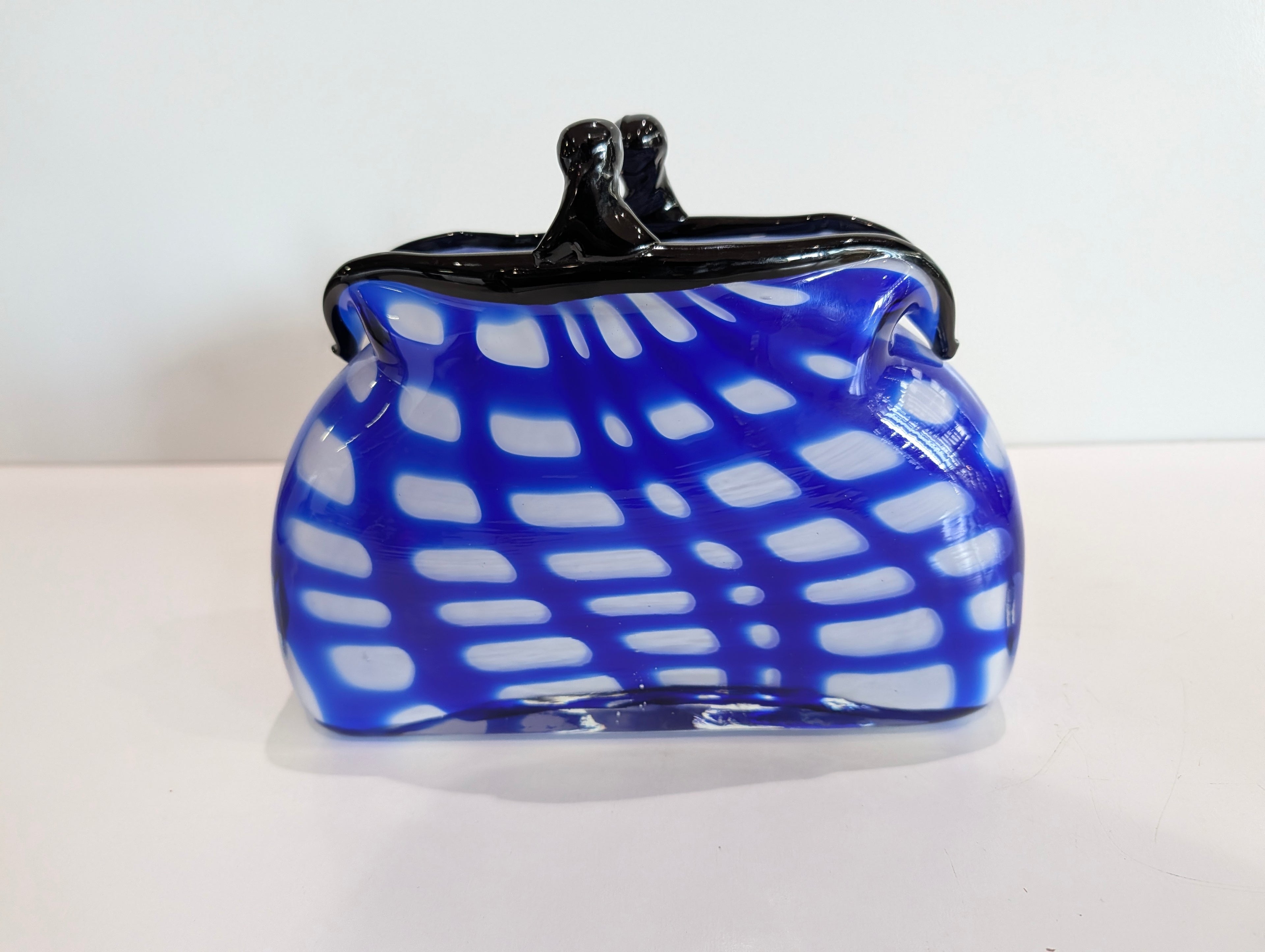 Vintage Murano Style Blue White Art Glass Handbag Purse Vase Black Handle Italy