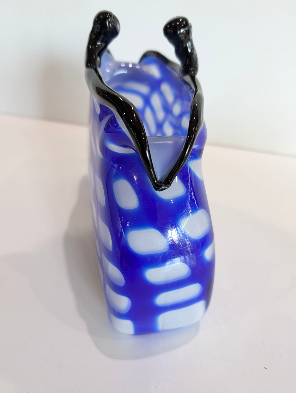 Vintage Murano Style Blue White Art Glass Handbag Purse Vase Black Handle Italy
