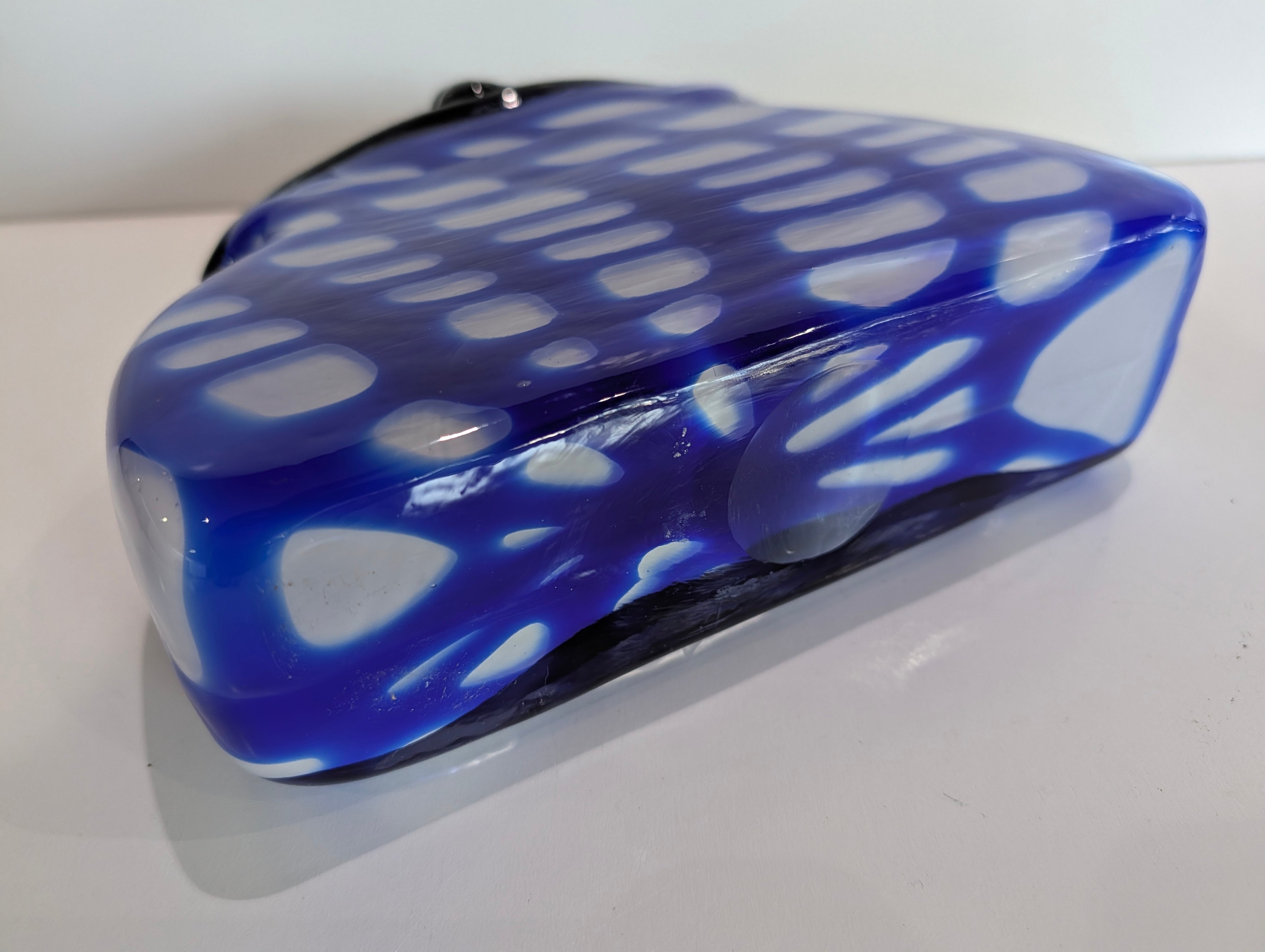 Vintage Murano Style Blue White Art Glass Handbag Purse Vase Black Handle Italy