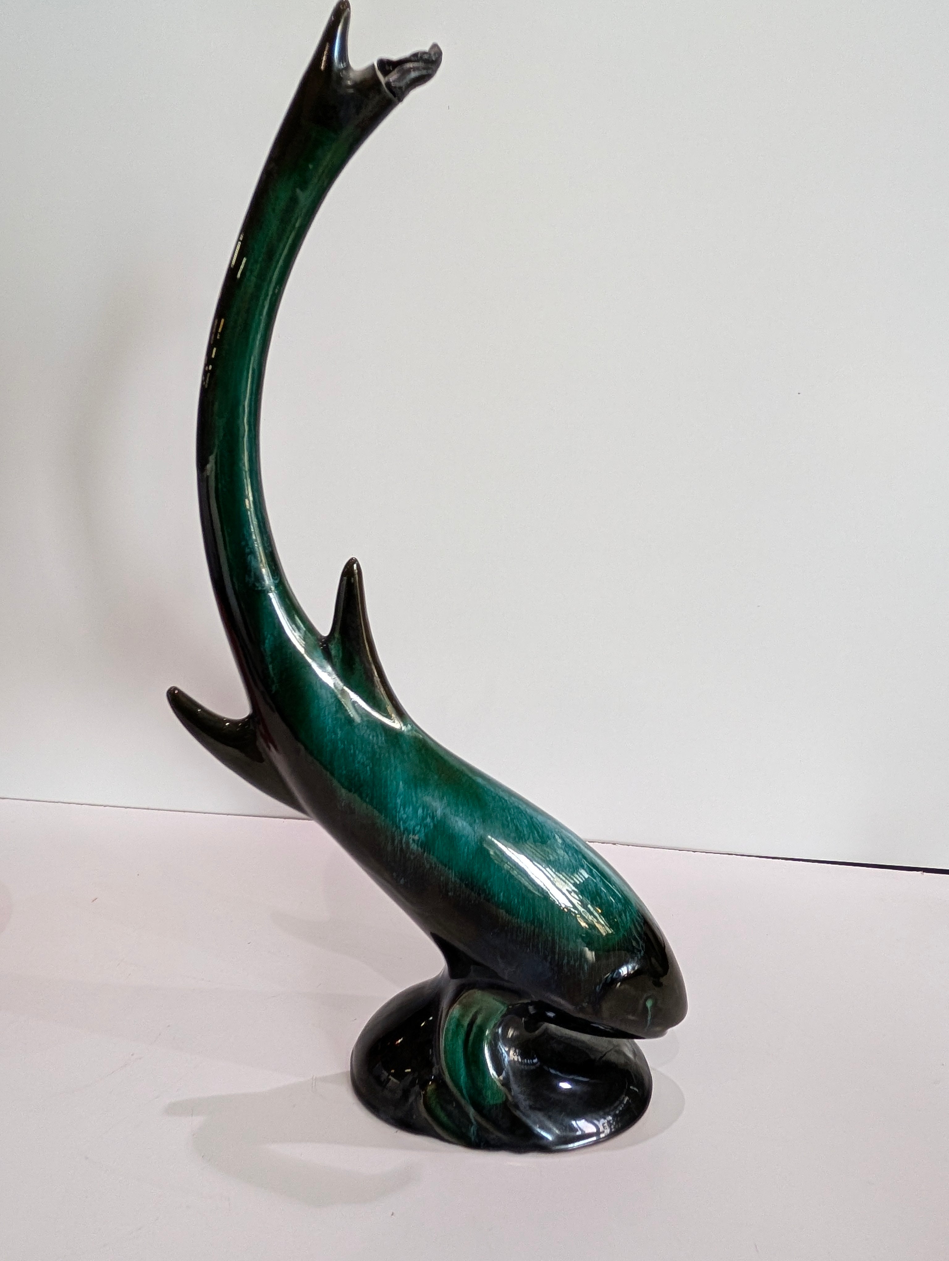 Vintage Green Ceramic Dolphin Sculpture Mid Century Modern Ocean Decor Art