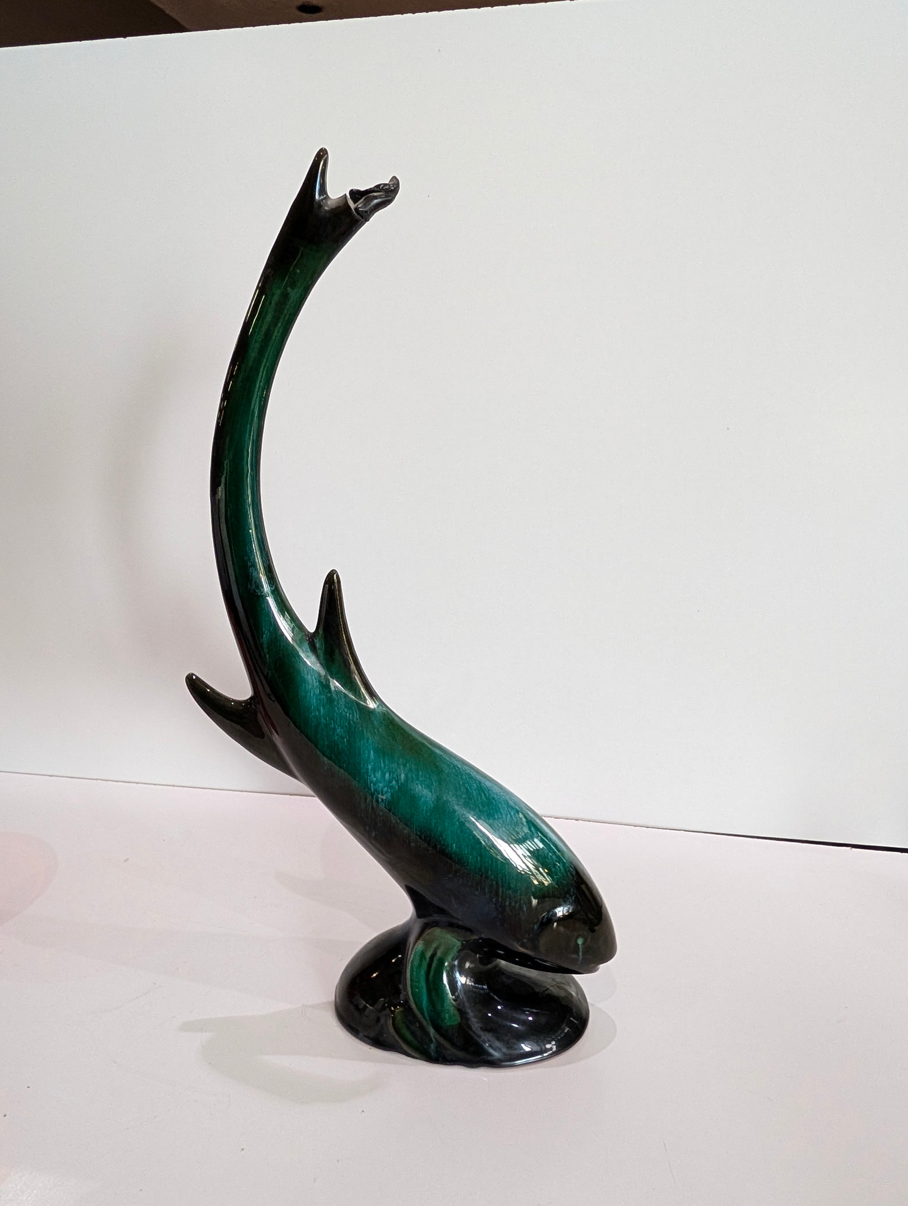 Vintage Green Ceramic Dolphin Sculpture Mid Century Modern Ocean Decor Art