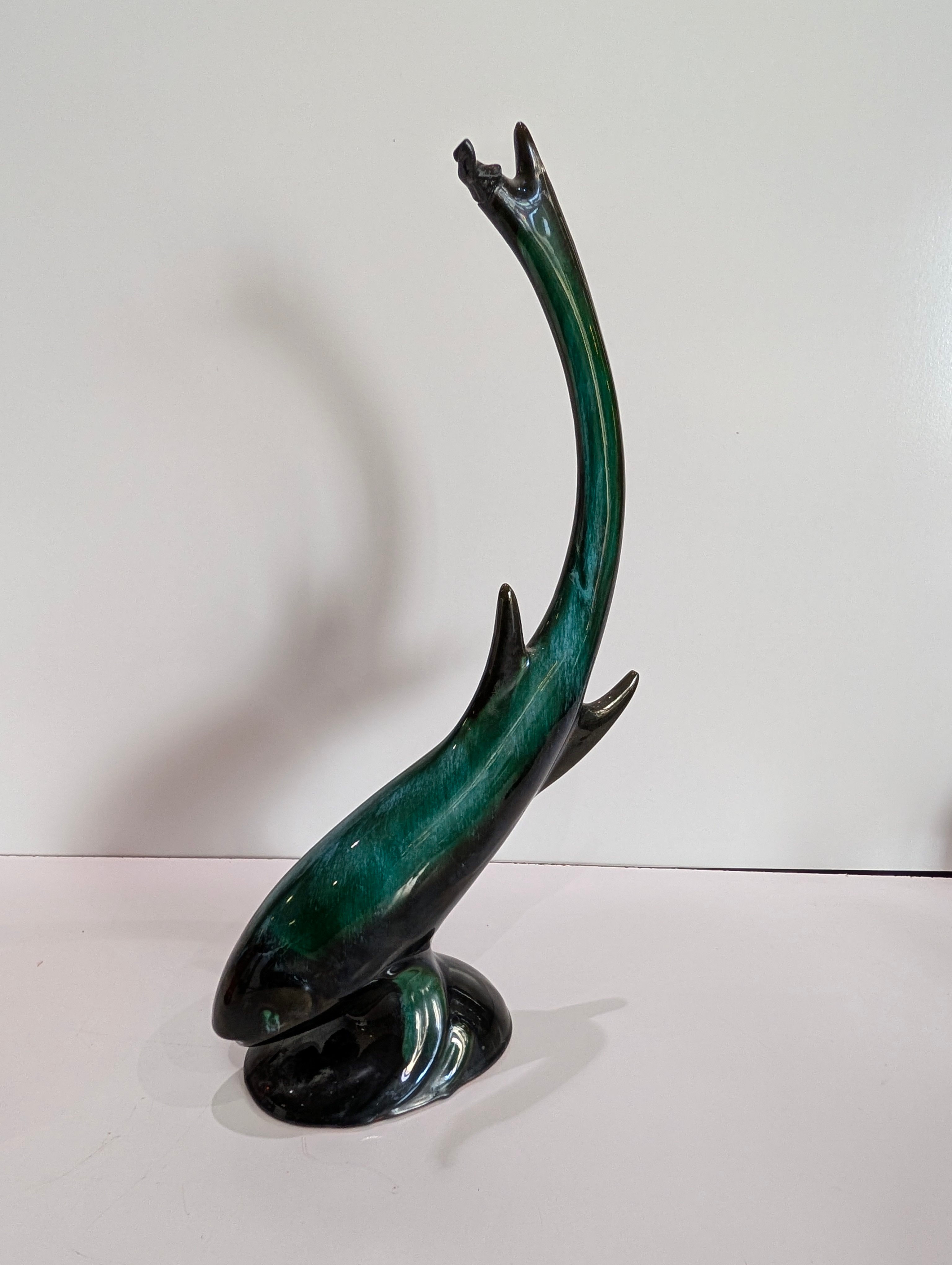 Vintage Green Ceramic Dolphin Sculpture Mid Century Modern Ocean Decor Art