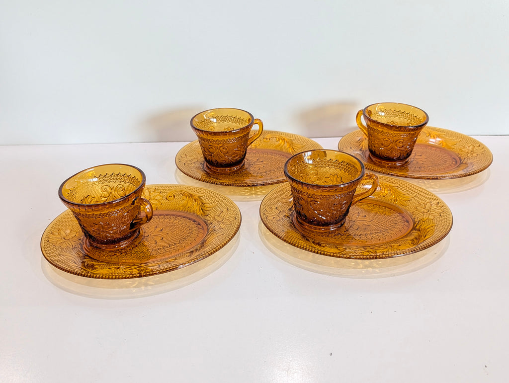 Vintage Tiara Exclusive Amber Glass Cup Saucer Snack Plate Set Floral Pressed