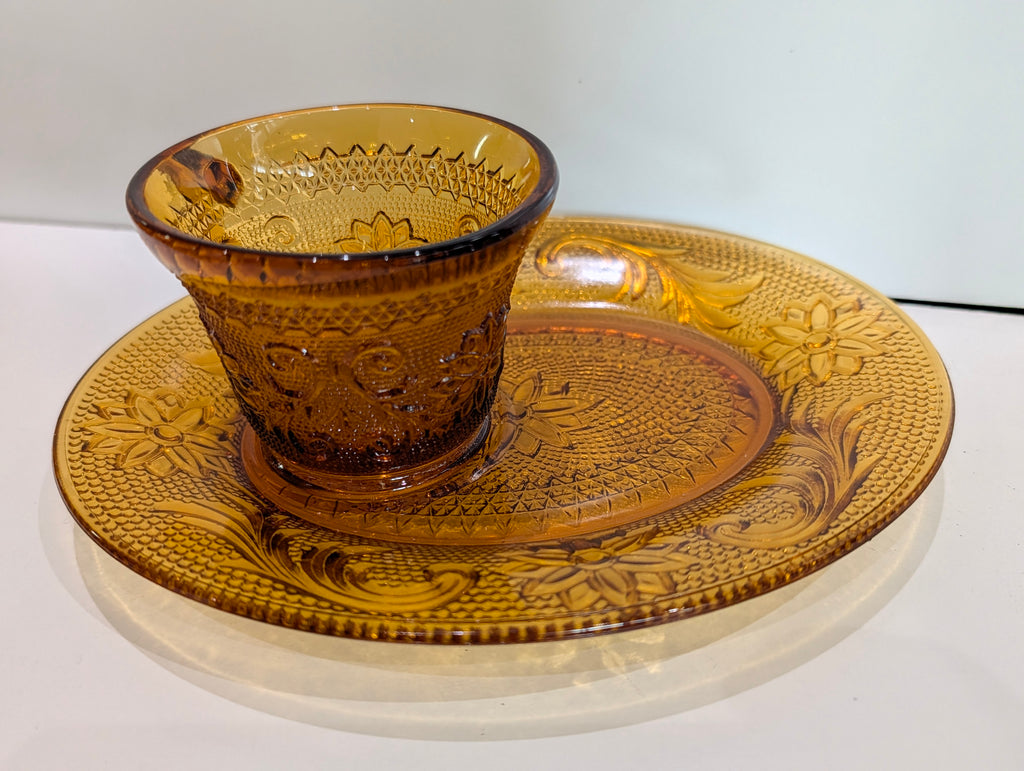 Vintage Tiara Exclusive Amber Glass Cup Saucer Snack Plate Set Floral Pressed