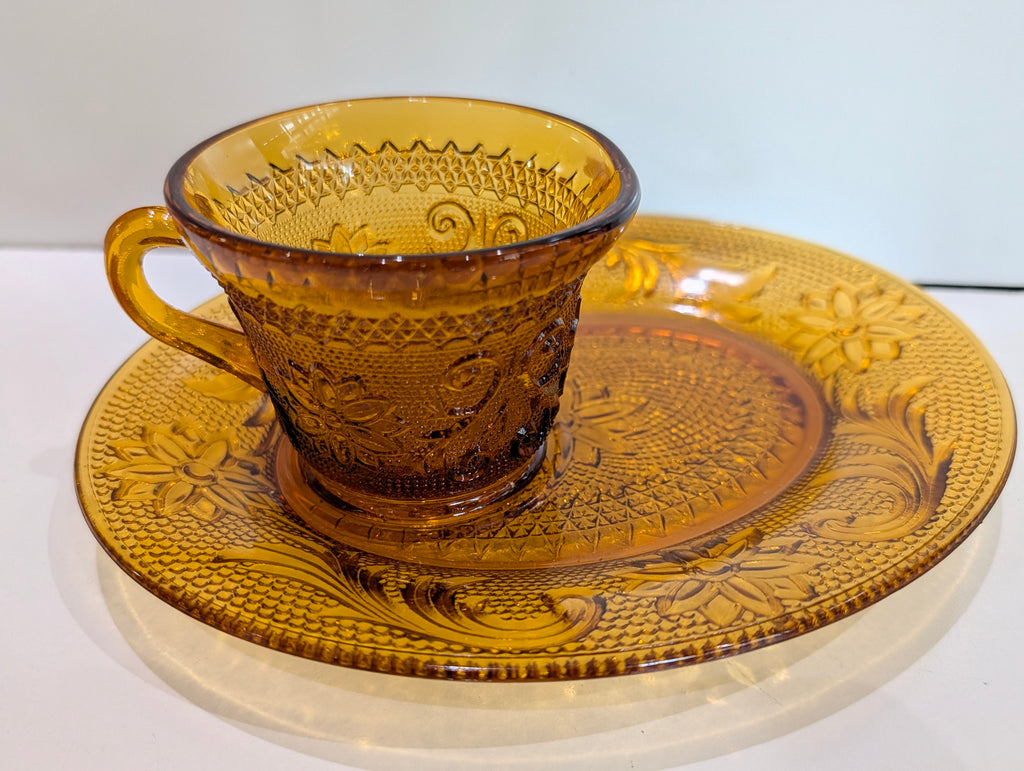 Vintage Tiara Exclusive Amber Glass Cup Saucer Snack Plate Set Floral Pressed