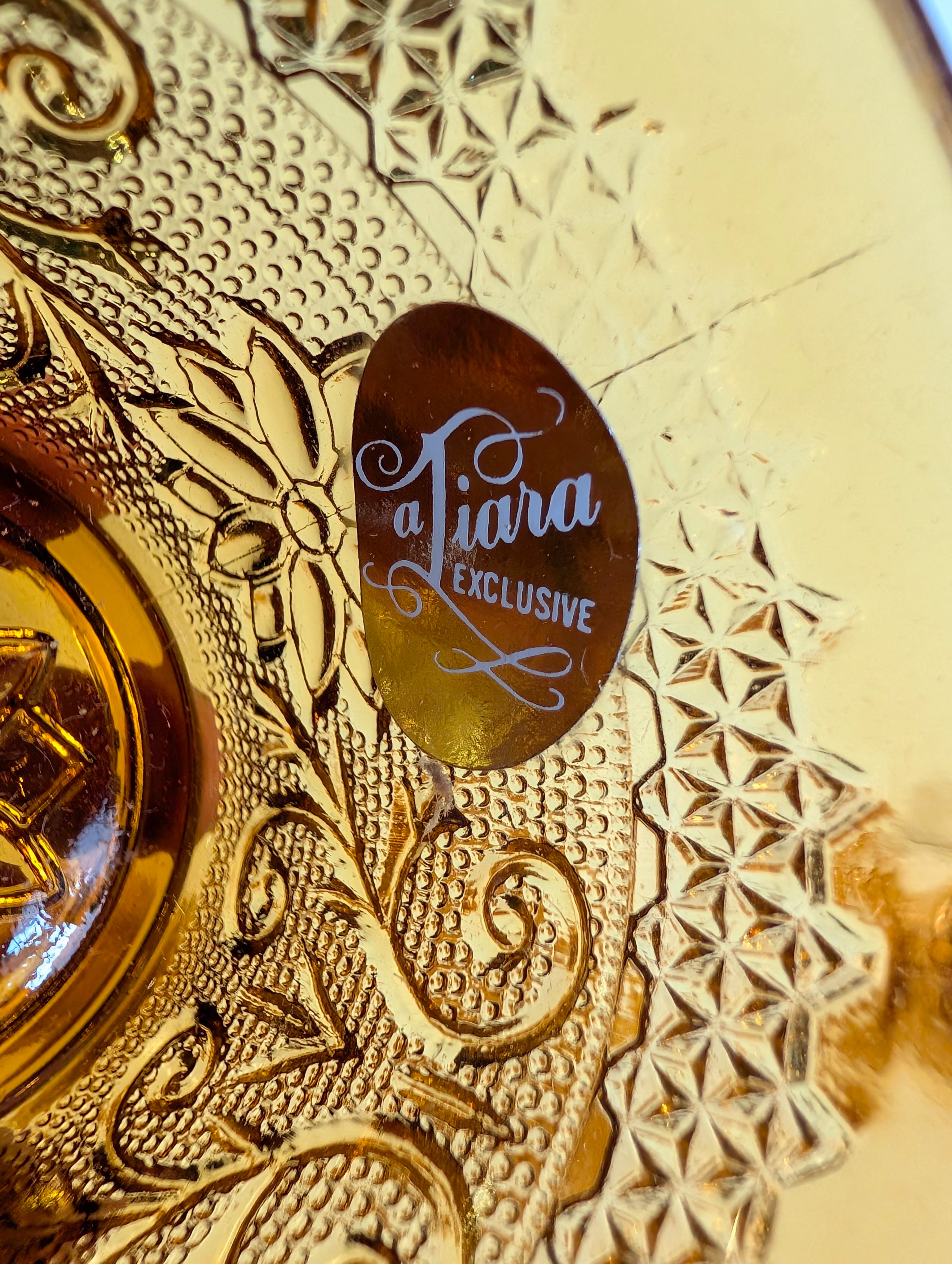 Vintage Tiara Exclusive Amber Glass Cup Saucer Snack Plate Set Floral Pressed