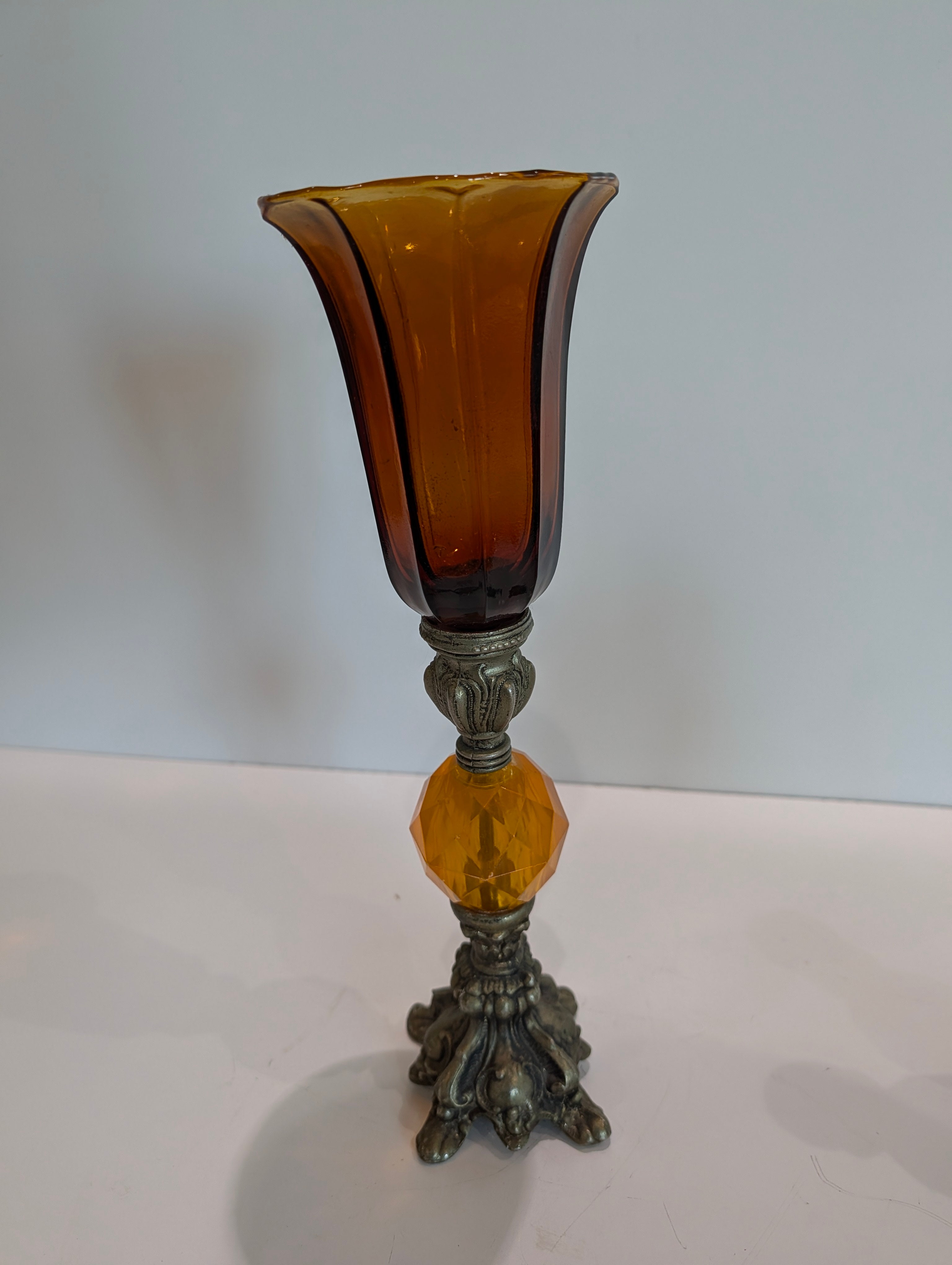 Vintage Amber Glass Trumpet Vase Ornate Metal Base Mid Century Decor Piece
