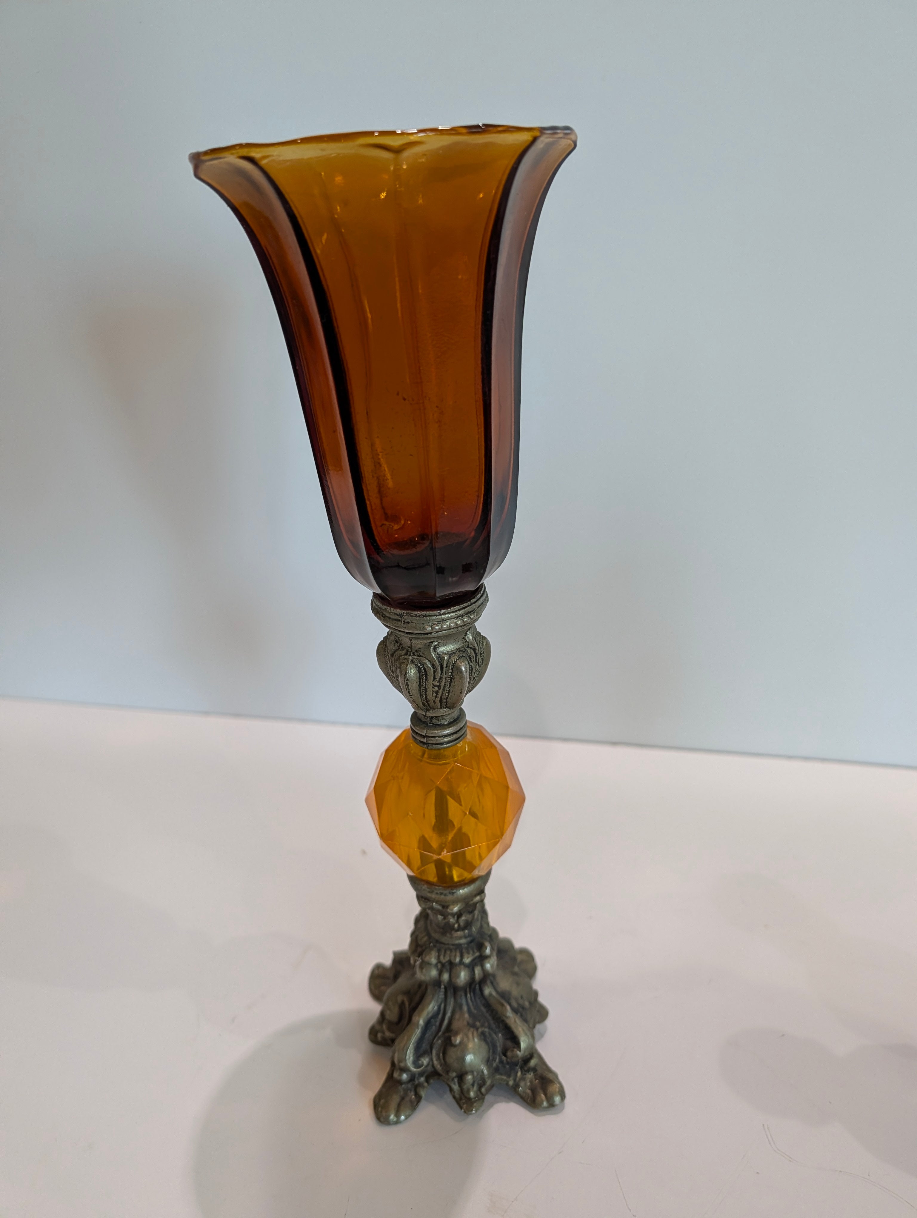 Vintage Amber Glass Trumpet Vase Ornate Metal Base Mid Century Decor Piece