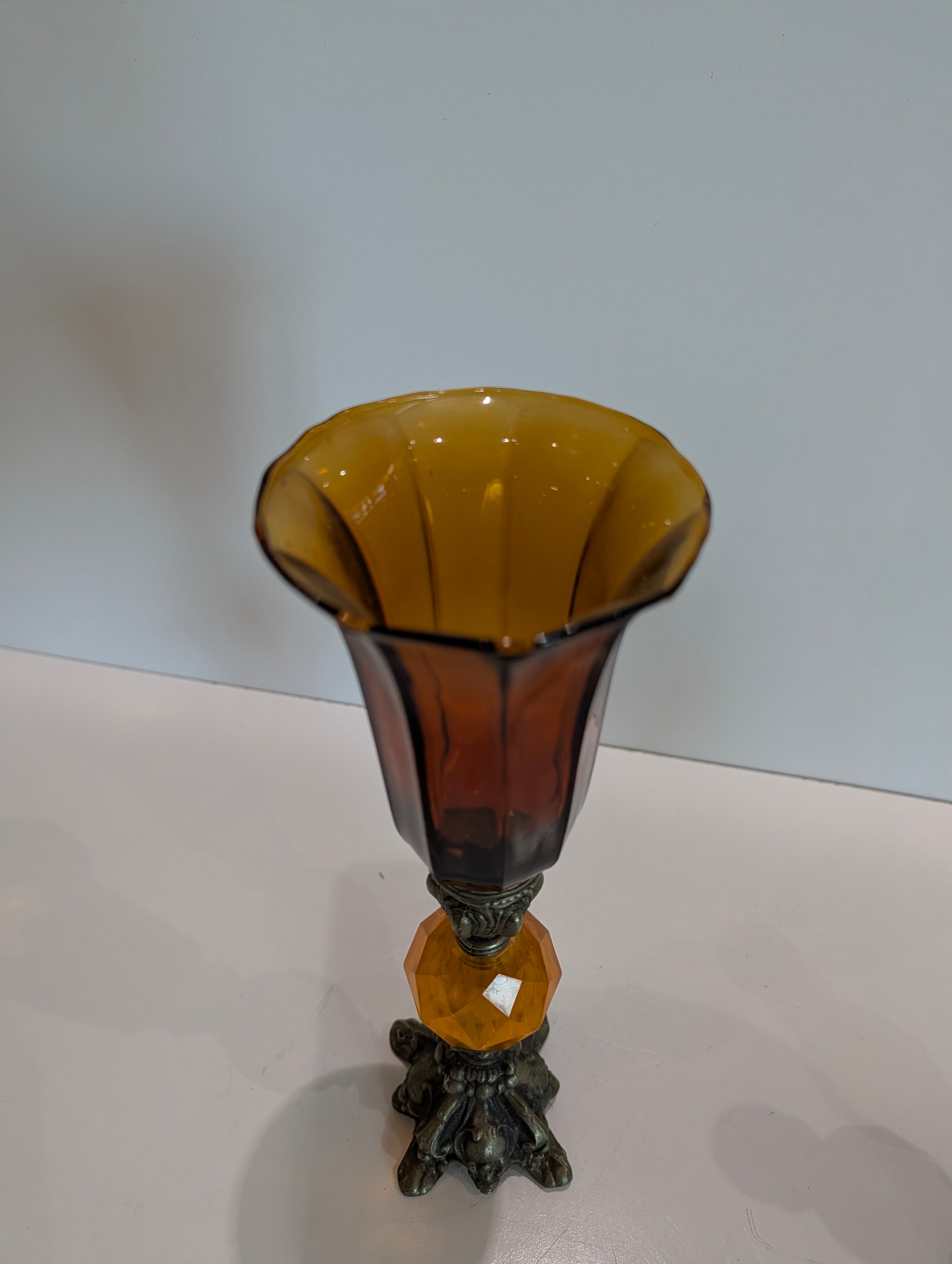 Vintage Amber Glass Trumpet Vase Ornate Metal Base Mid Century Decor Piece