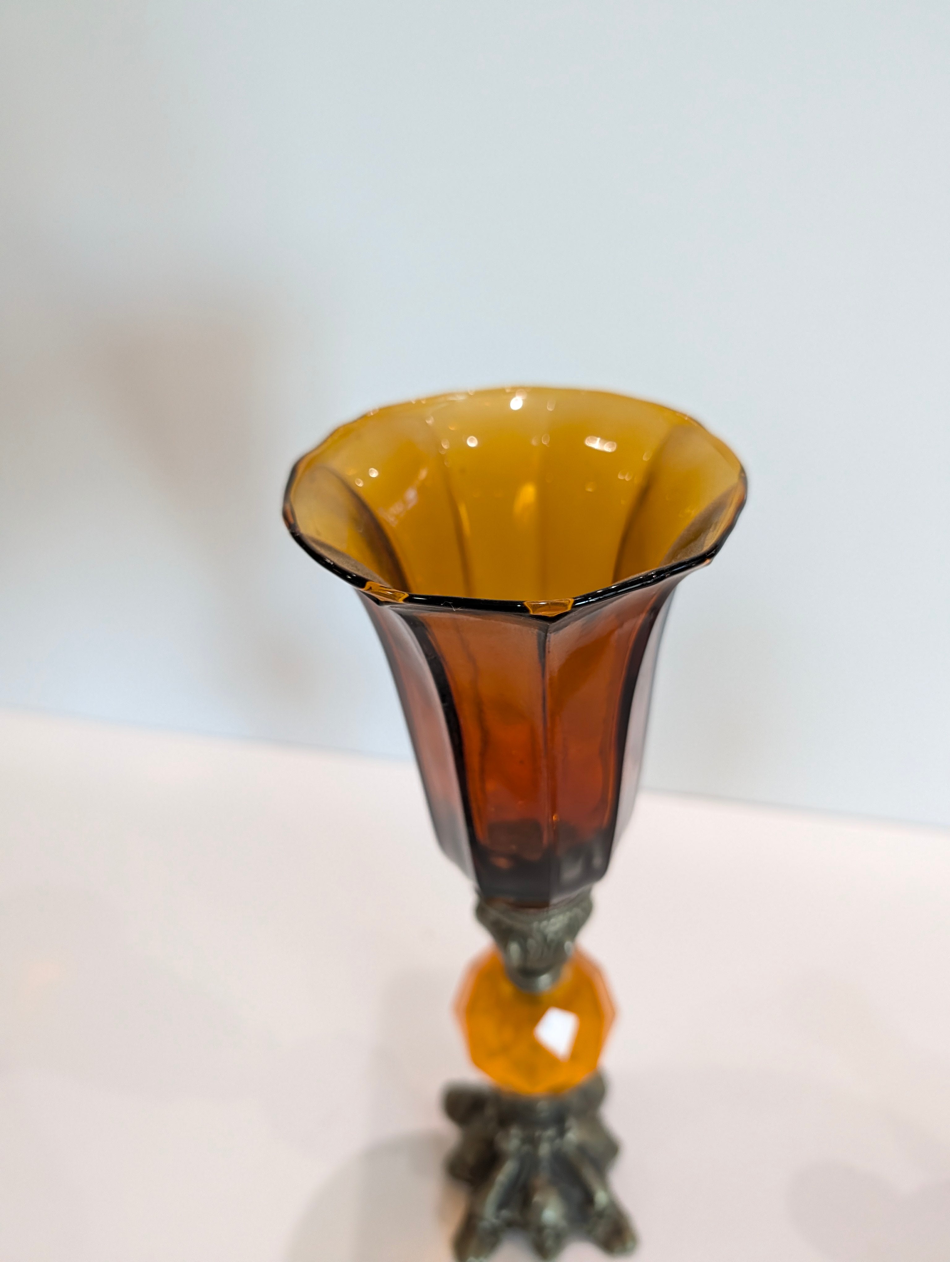 Vintage Amber Glass Trumpet Vase Ornate Metal Base Mid Century Decor Piece