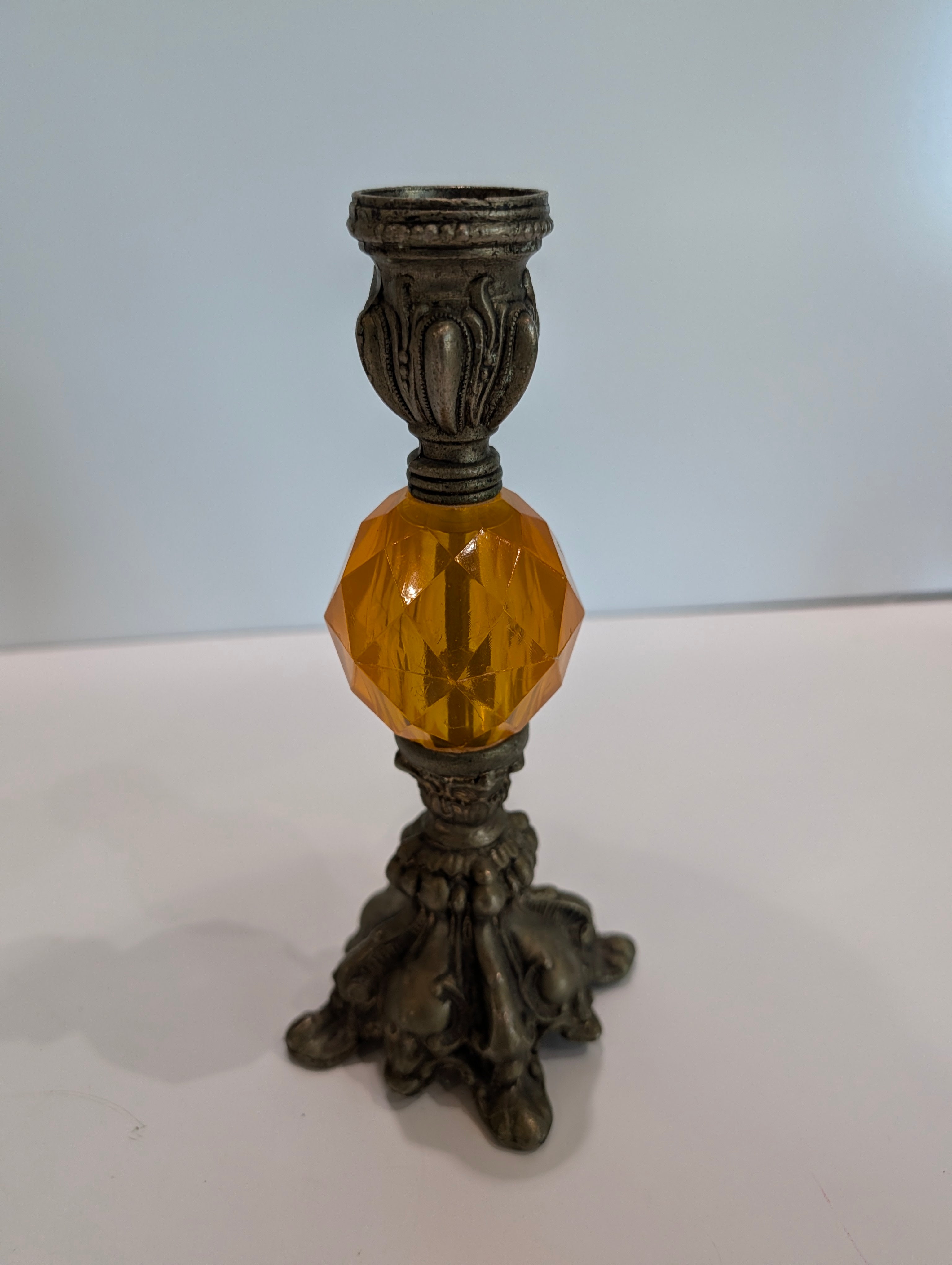 Vintage Amber Glass Trumpet Vase Ornate Metal Base Mid Century Decor Piece