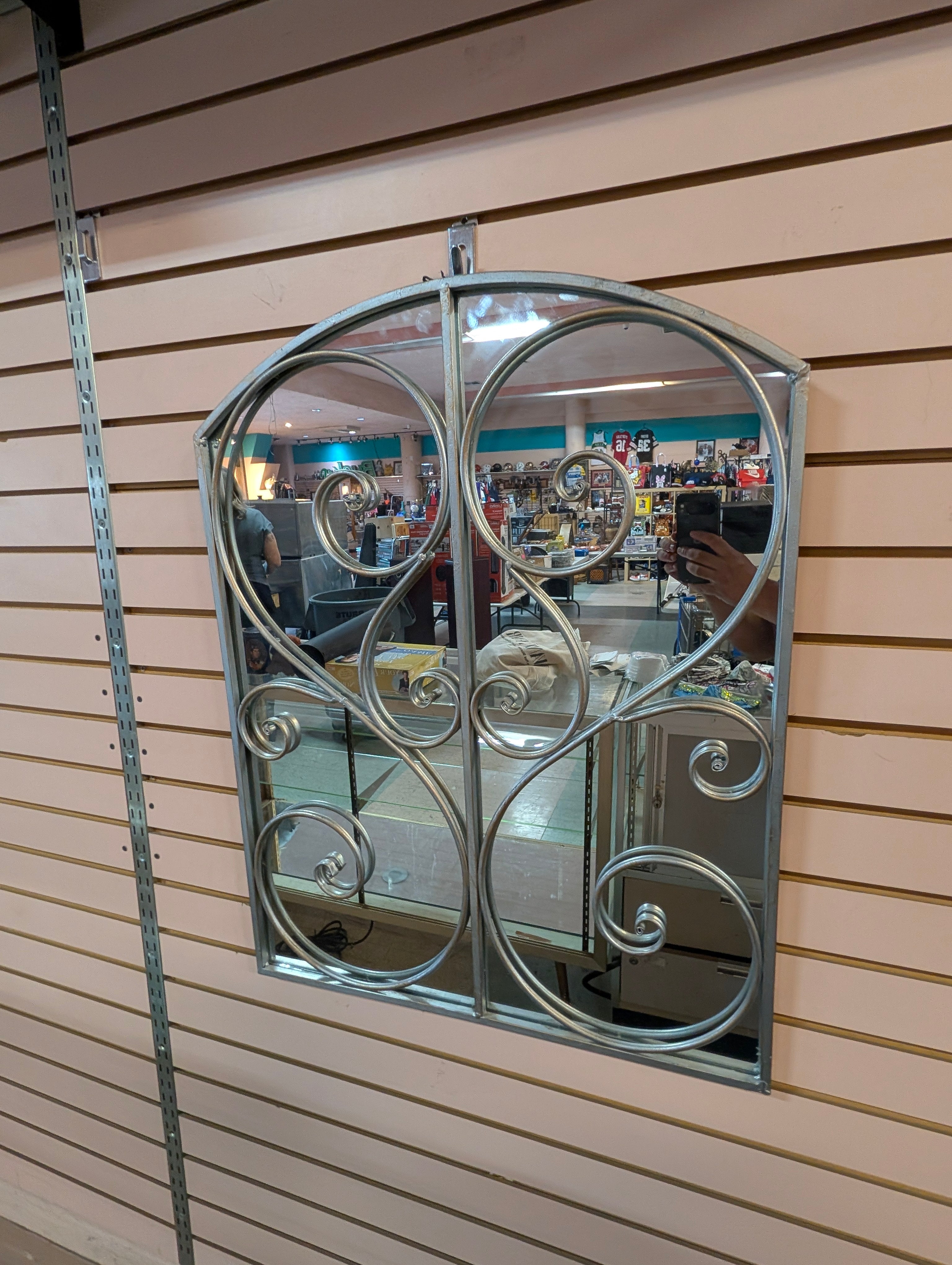 Vintage Arched Metal Scroll Wall Mirror Decorative Silver Iron Accent Piece