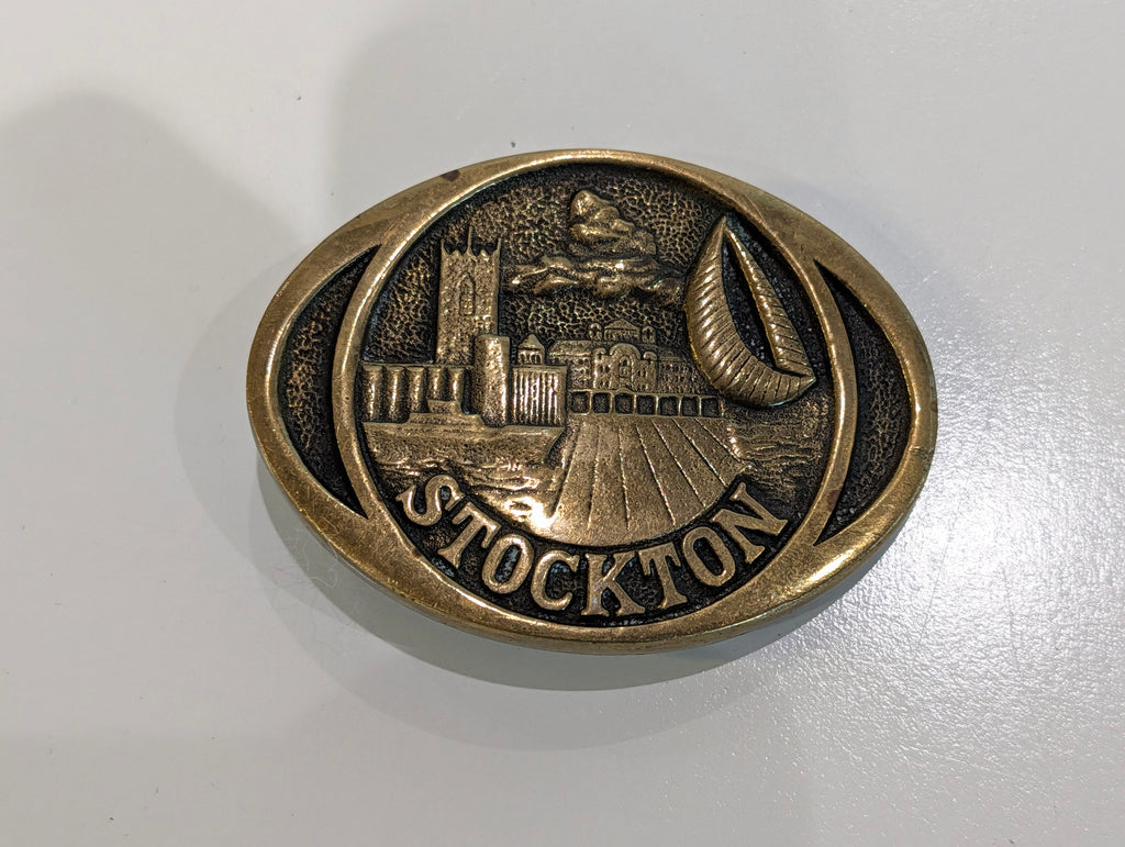 Vintage 1980s Stockton California Solid Brass Belt Buckle Siskiyou 1852 USA