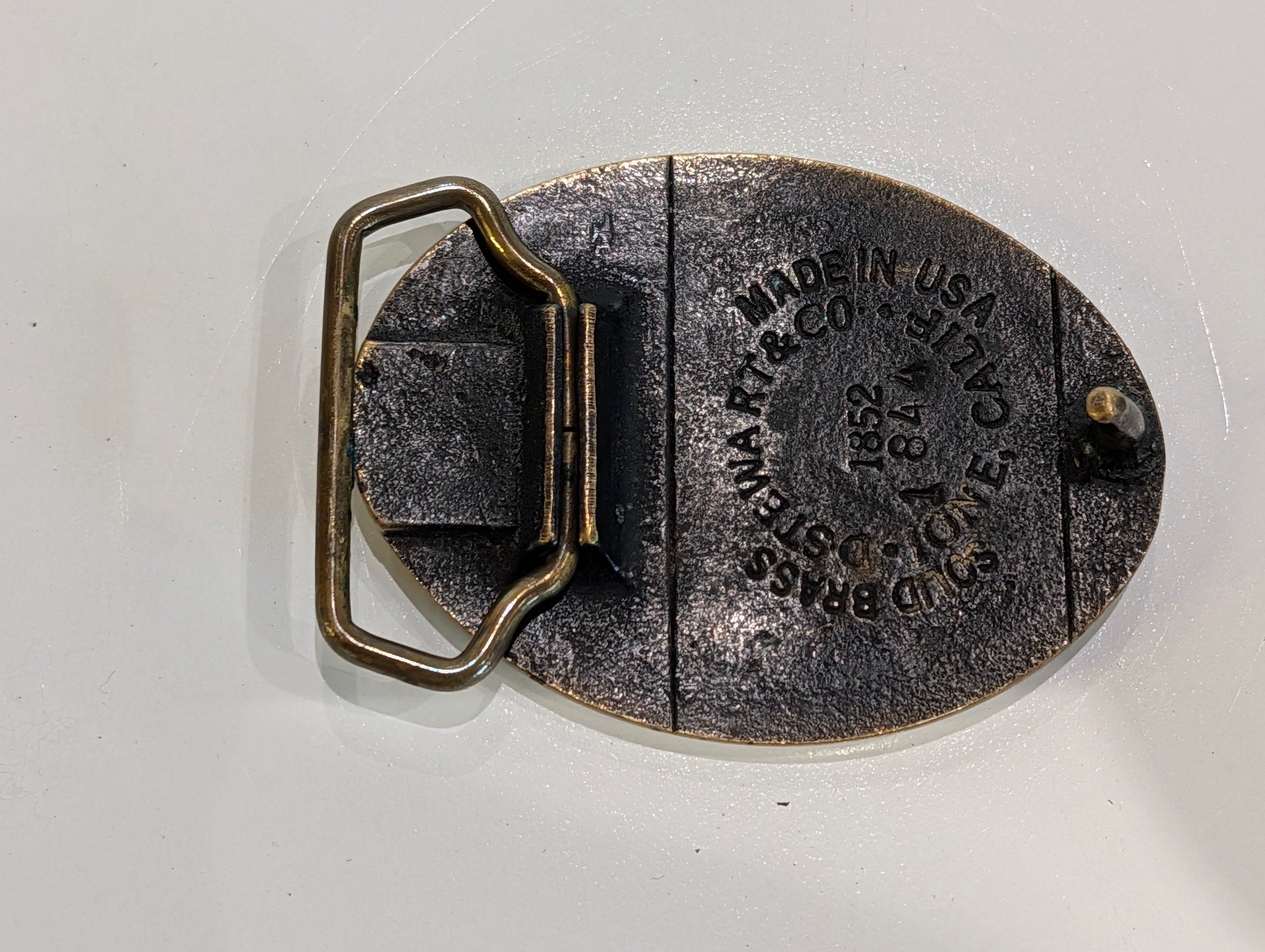 Vintage 1980s Stockton California Solid Brass Belt Buckle Siskiyou 1852 USA