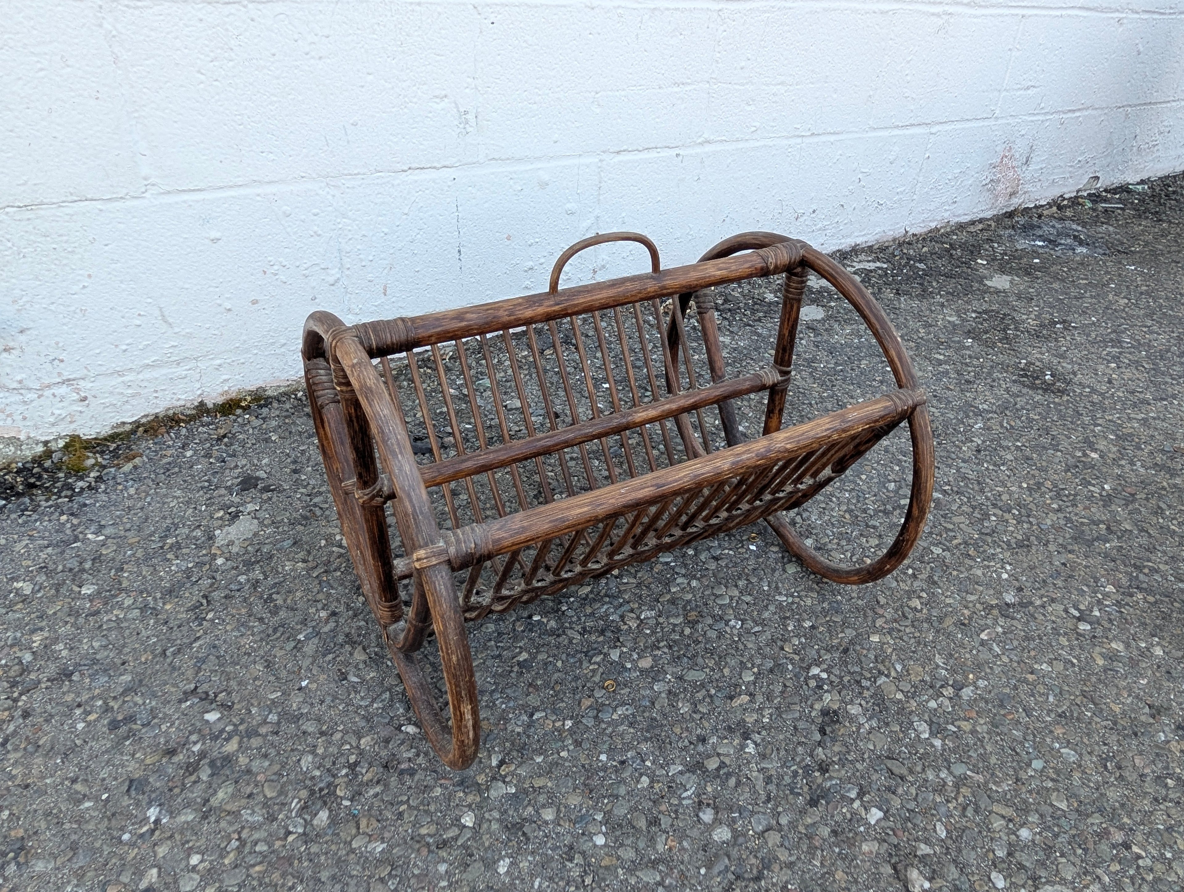 Vintage Rattan Magazine Rack Curved Bamboo Wicker Holder Boho Decor Stand