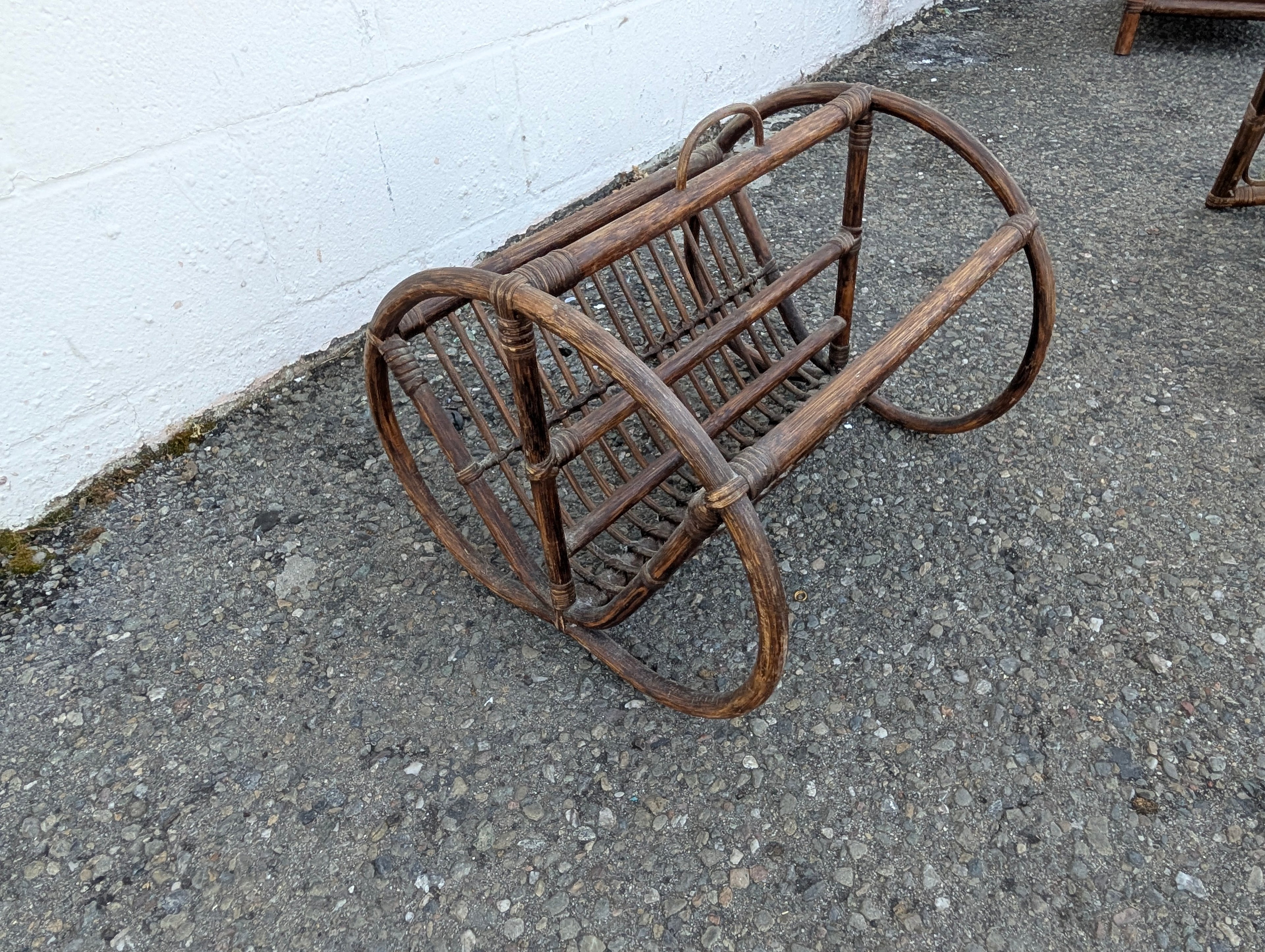 Vintage Rattan Magazine Rack Curved Bamboo Wicker Holder Boho Decor Stand