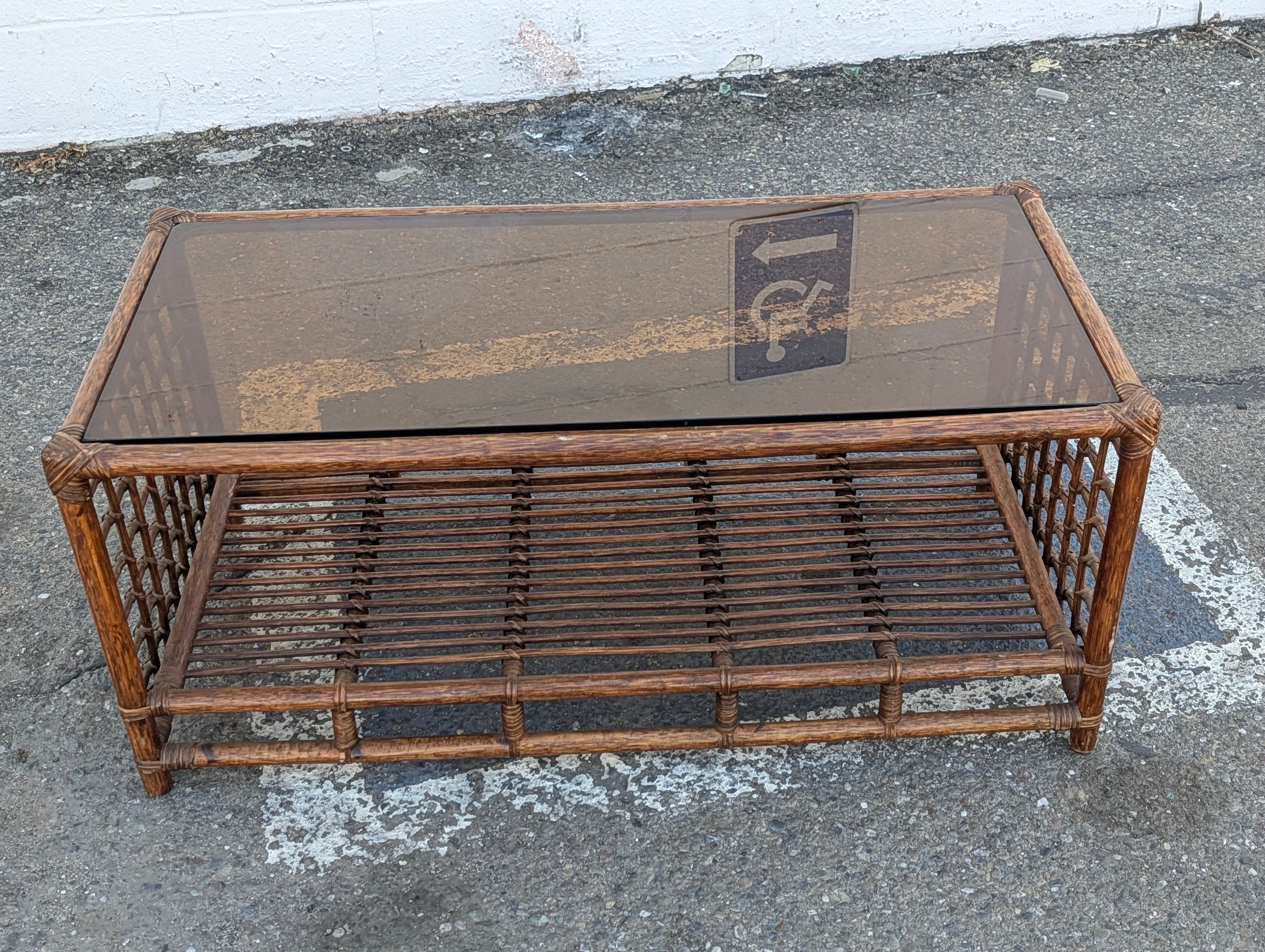 Vintage Rattan Coffee Table Glass Top Wicker Bamboo Boho Living Room Decor