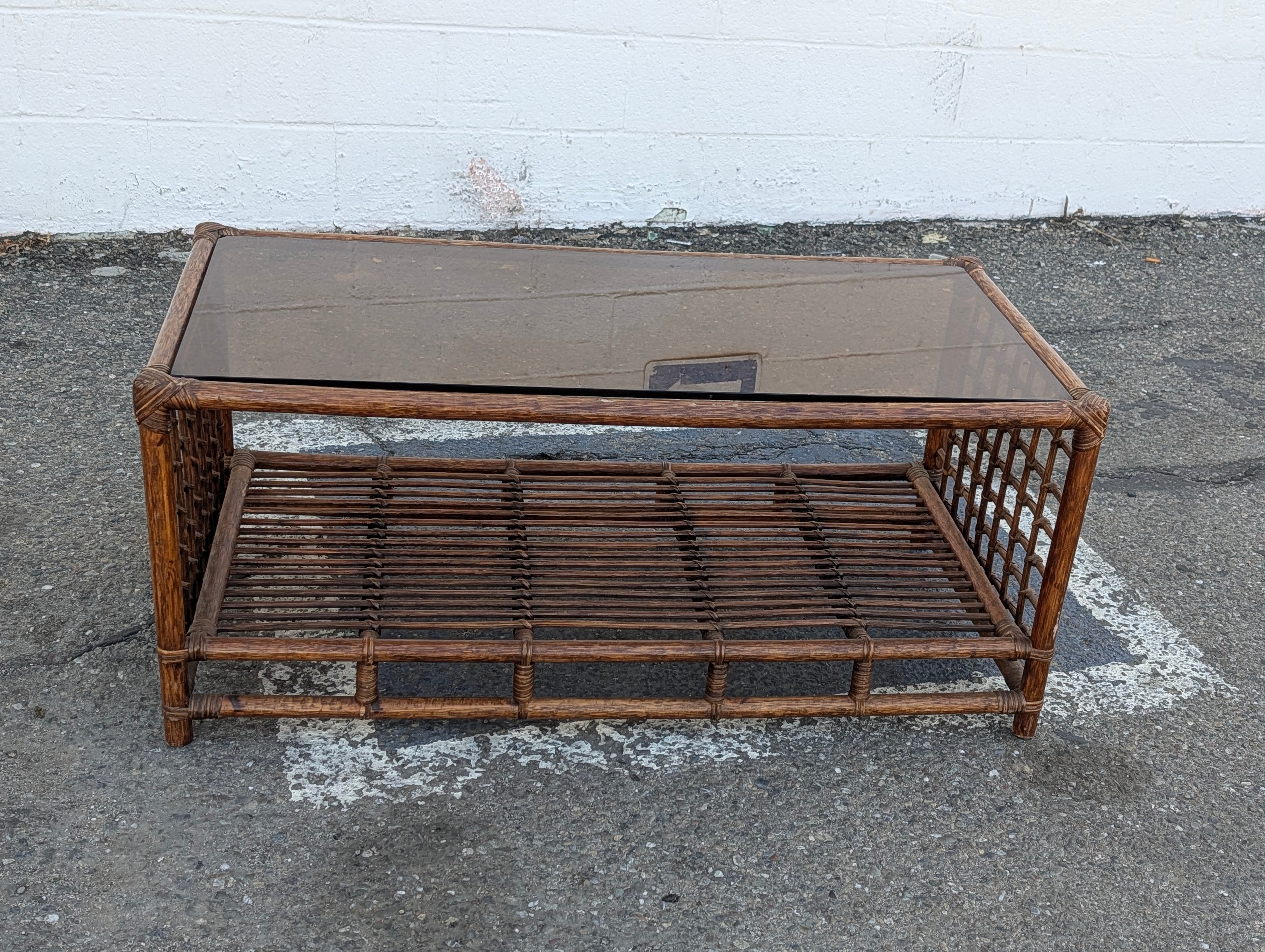 Vintage Rattan Coffee Table Glass Top Wicker Bamboo Boho Living Room Decor