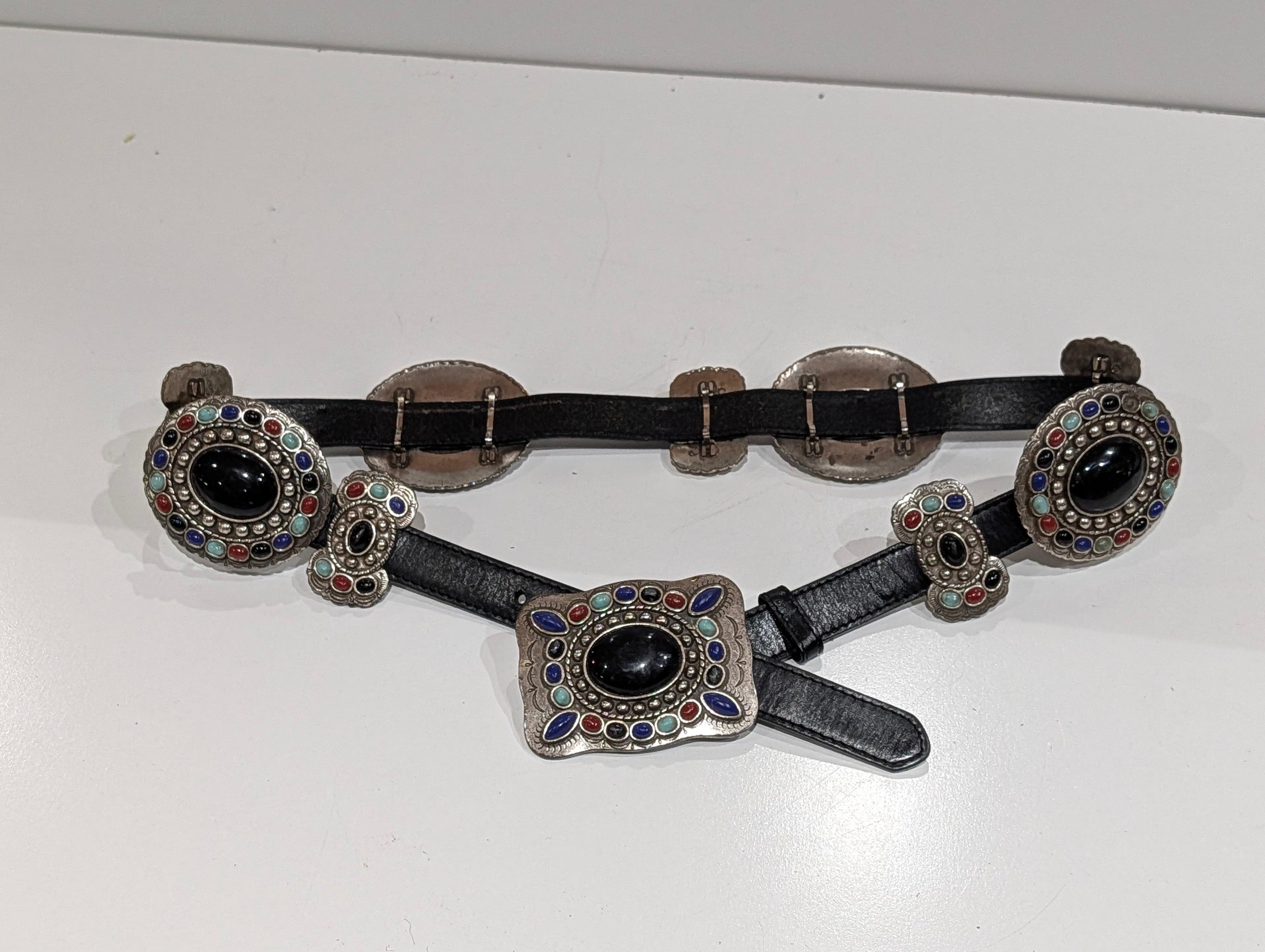 Vintage Western Style Concho Belt Genuine Leather Multicolor Stone Buckle L 36