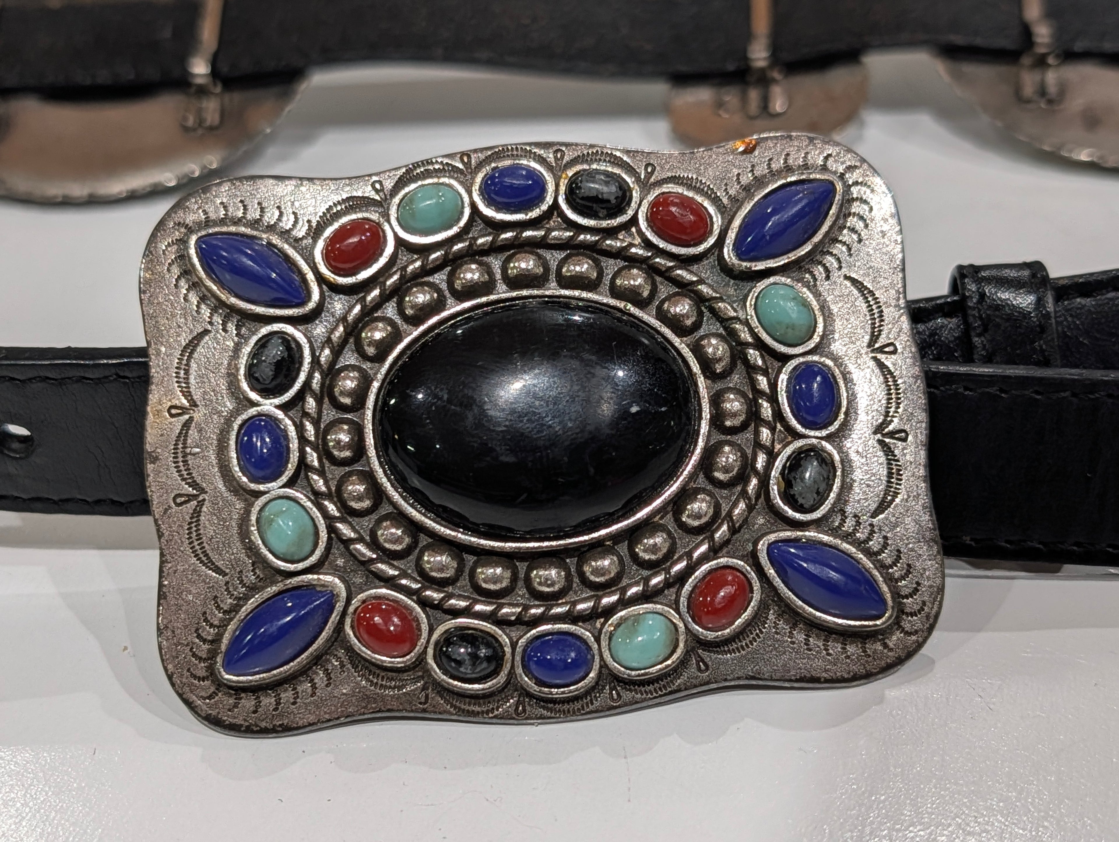 Vintage Western Style Concho Belt Genuine Leather Multicolor Stone Buckle L 36