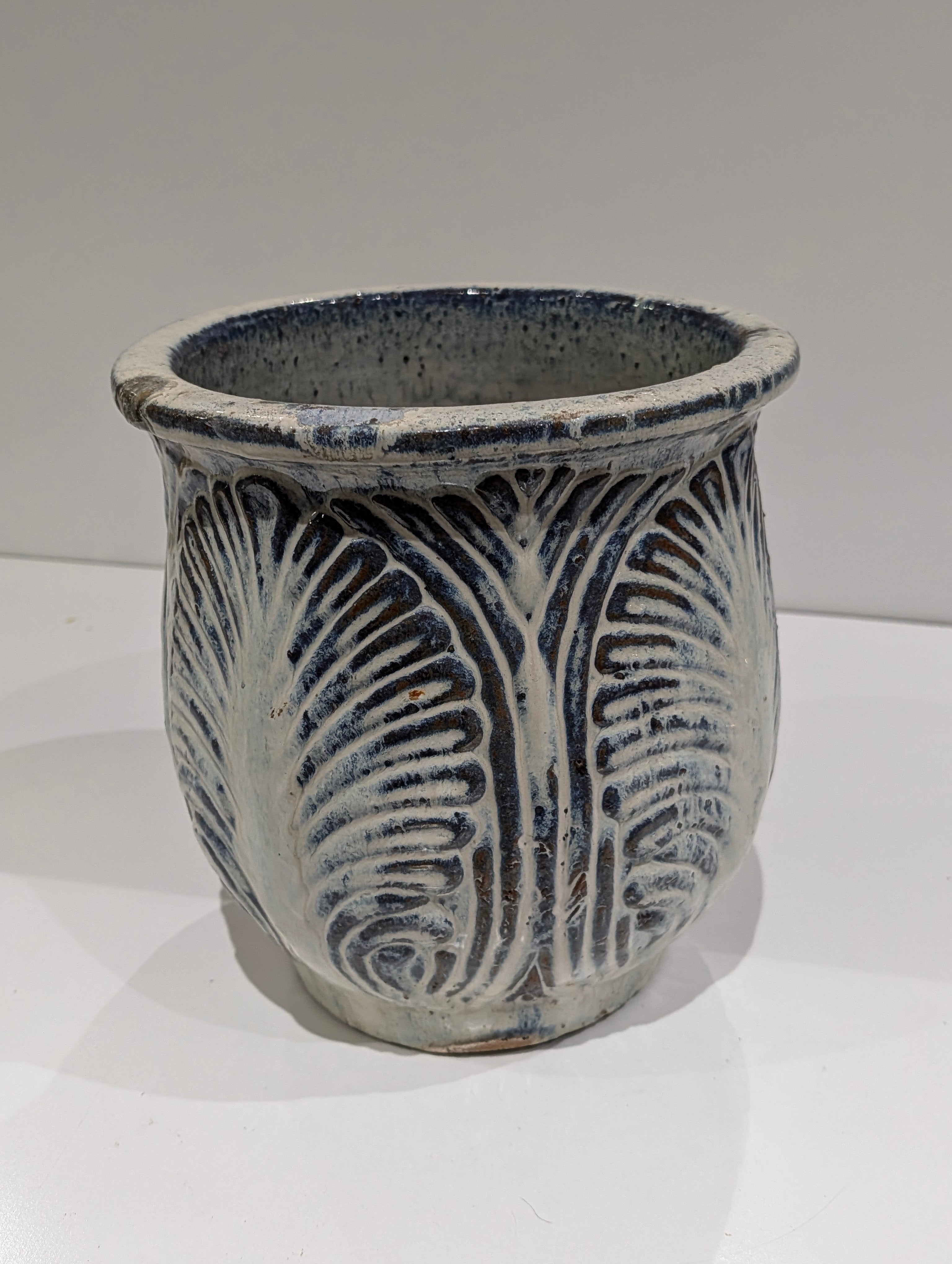 Hand Carved Blue Gray Ceramic Planter Pot 10.5 Inch Tall Decorative Vase
