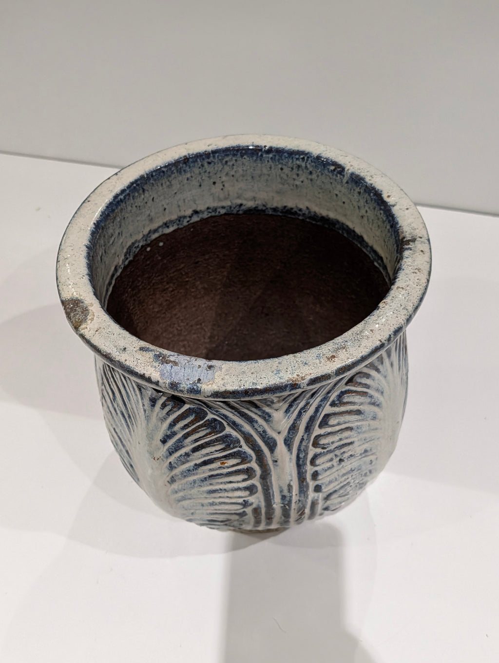 Hand Carved Blue Gray Ceramic Planter Pot 10.5 Inch Tall Decorative Vase