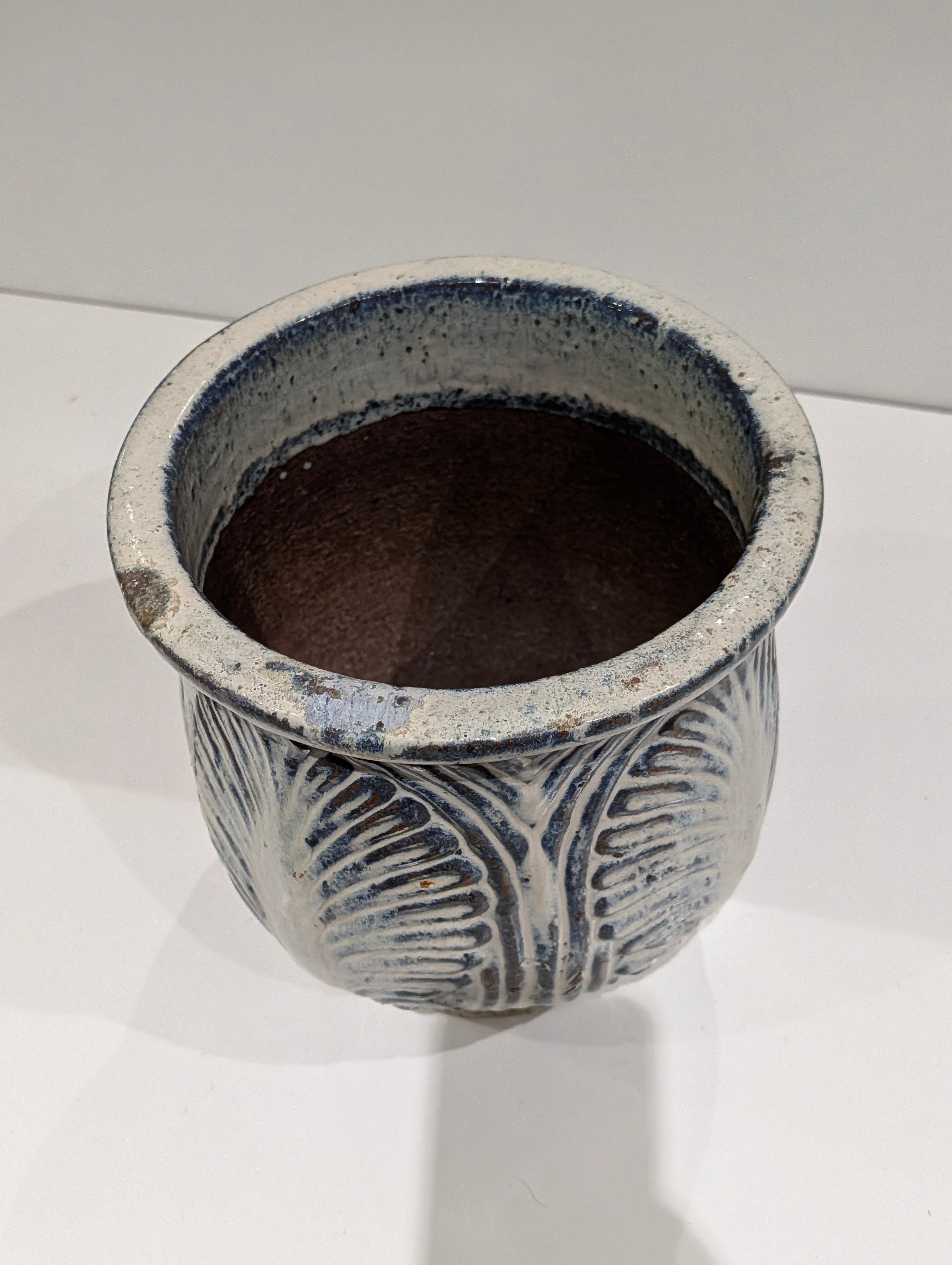 Hand Carved Blue Gray Ceramic Planter Pot 10.5 Inch Tall Decorative Vase
