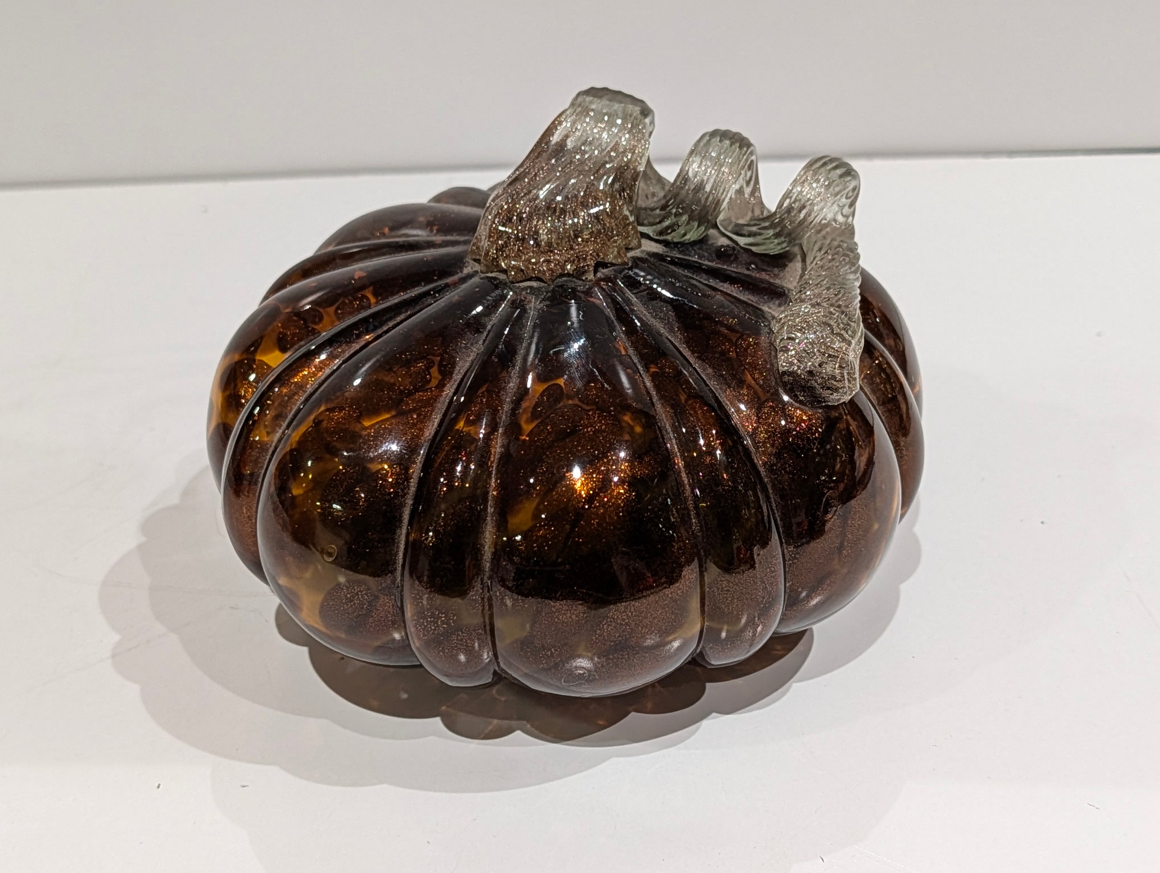 Amber Glass Pumpkin LED Light Decorative Fall Harvest Glitter Swirl Accent