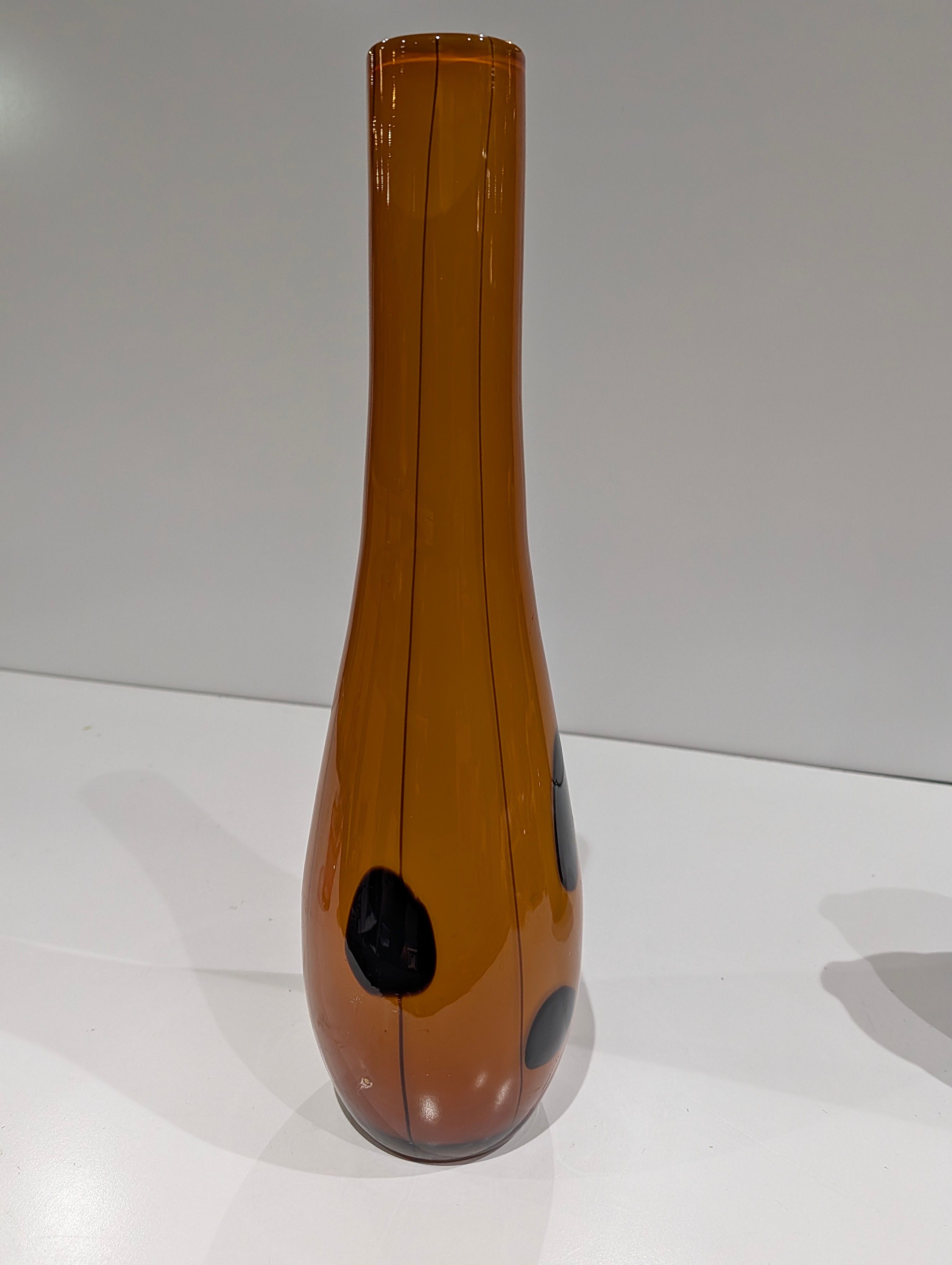 Vintage Amber Art Glass Vase 17.5 Inch Tall Black Accent Hand Blown Decor