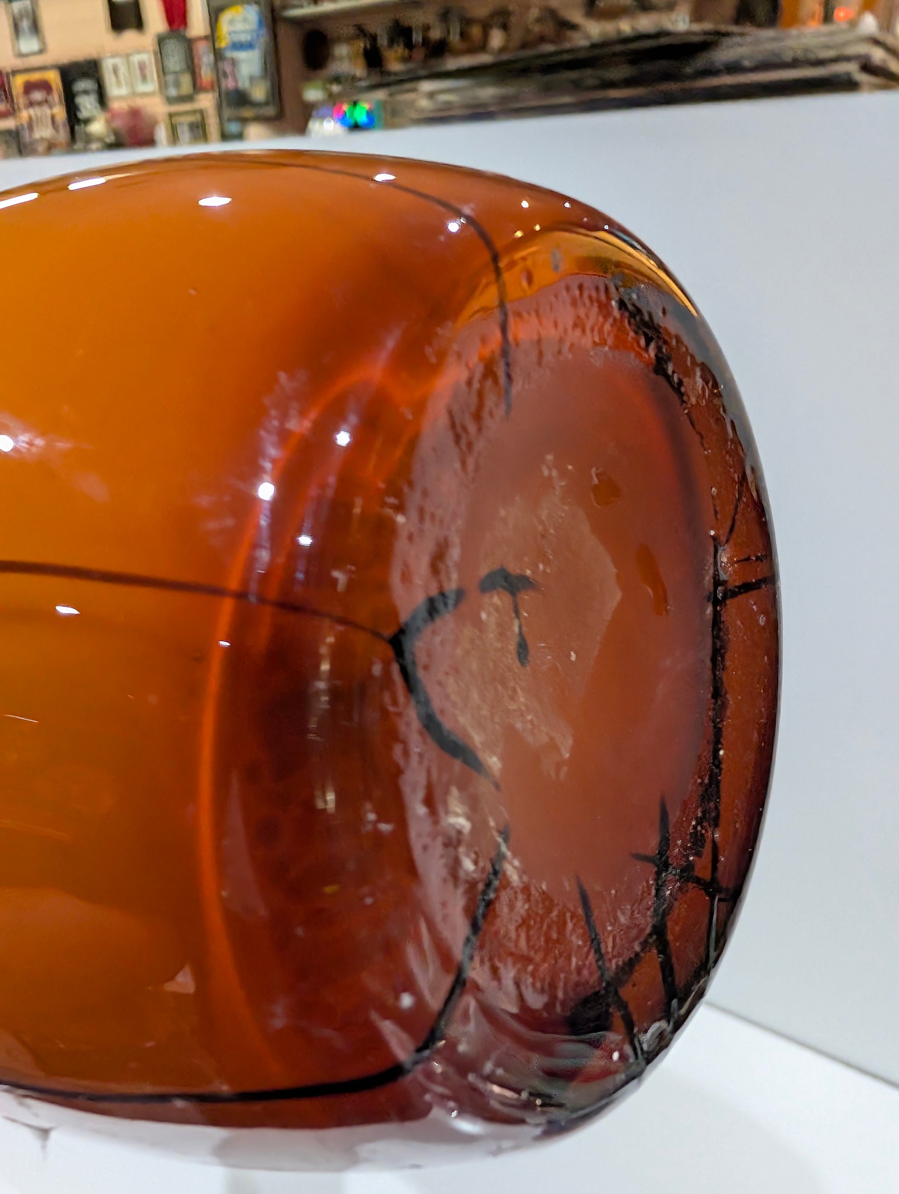 Vintage Amber Art Glass Vase 17.5 Inch Tall Black Accent Hand Blown Decor