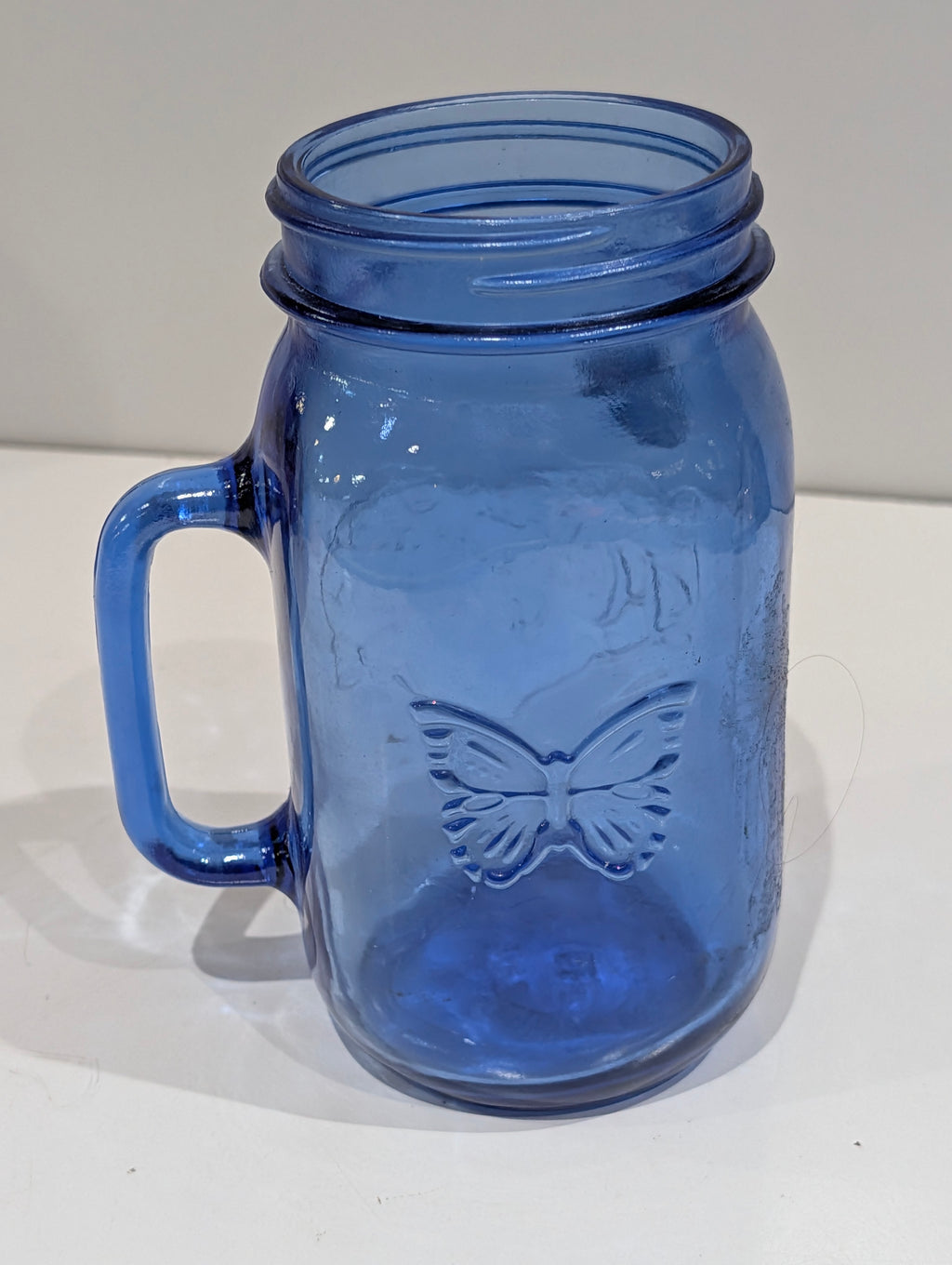 Blue Glass Mason Jar Mug Handle Embossed Home Made Butterfly Drinking Cup