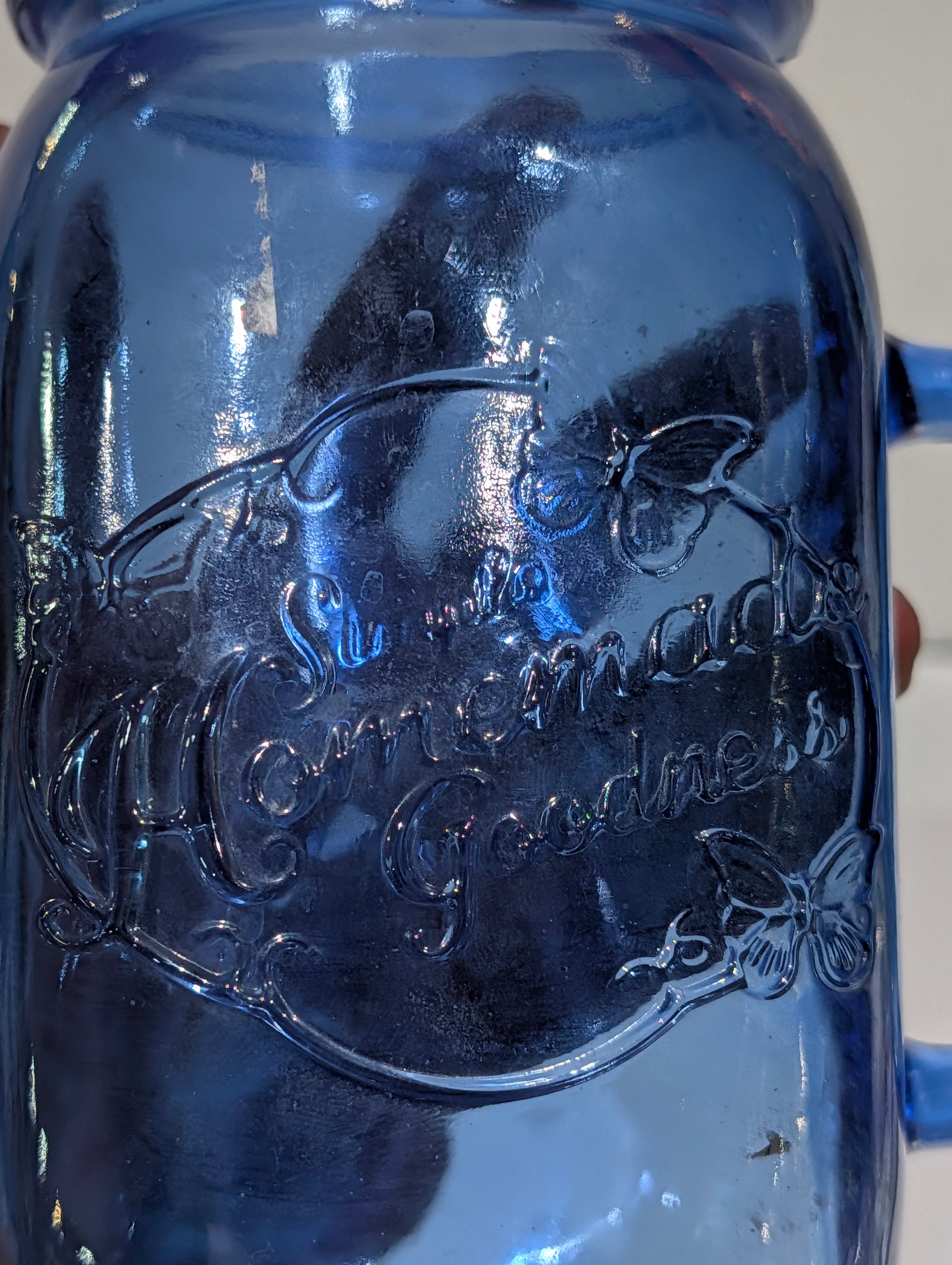 Blue Glass Mason Jar Mug Handle Embossed Home Made Butterfly Drinking Cup