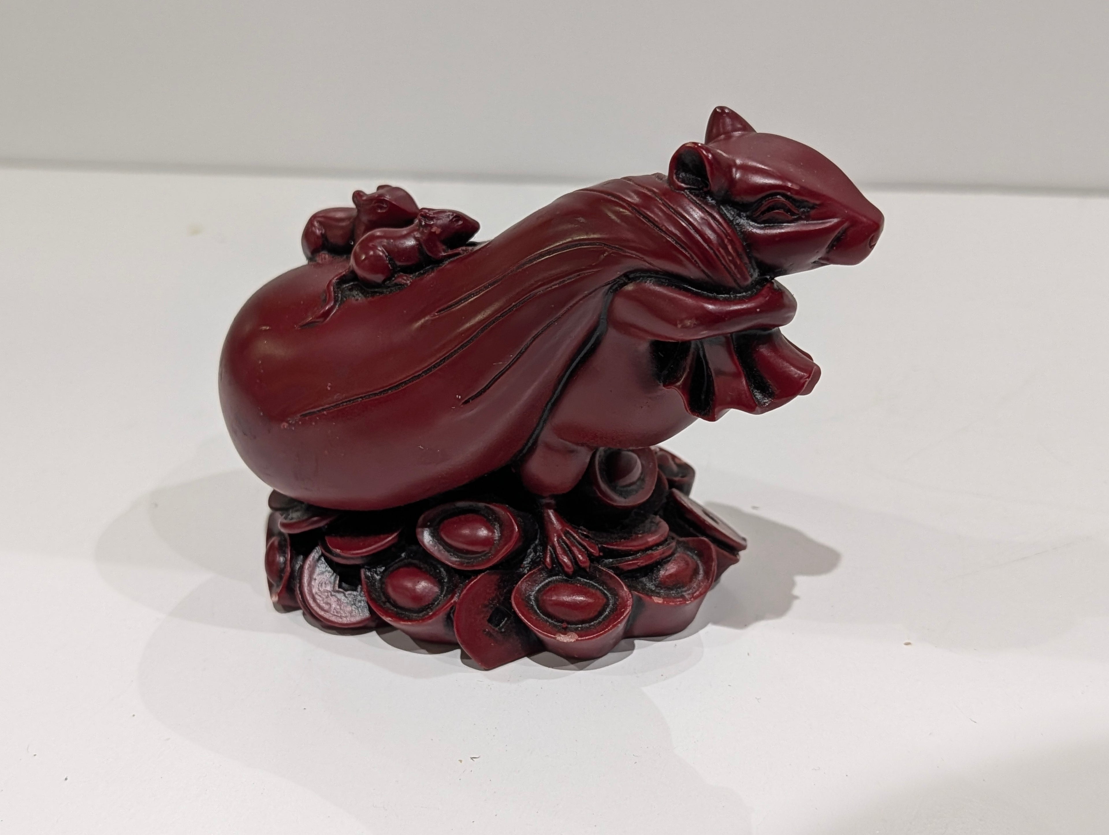 Vintage Chinese Red Resin Rat Zodiac Figurine Wealth Coin Feng Shui Decor