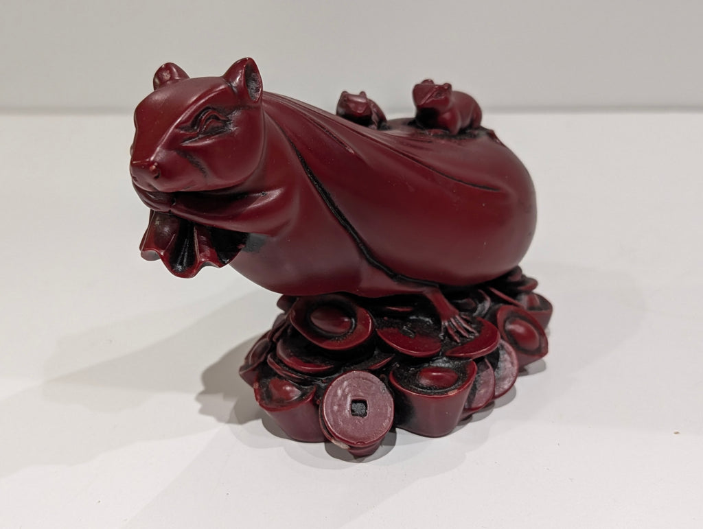 Vintage Chinese Red Resin Rat Zodiac Figurine Wealth Coin Feng Shui Decor