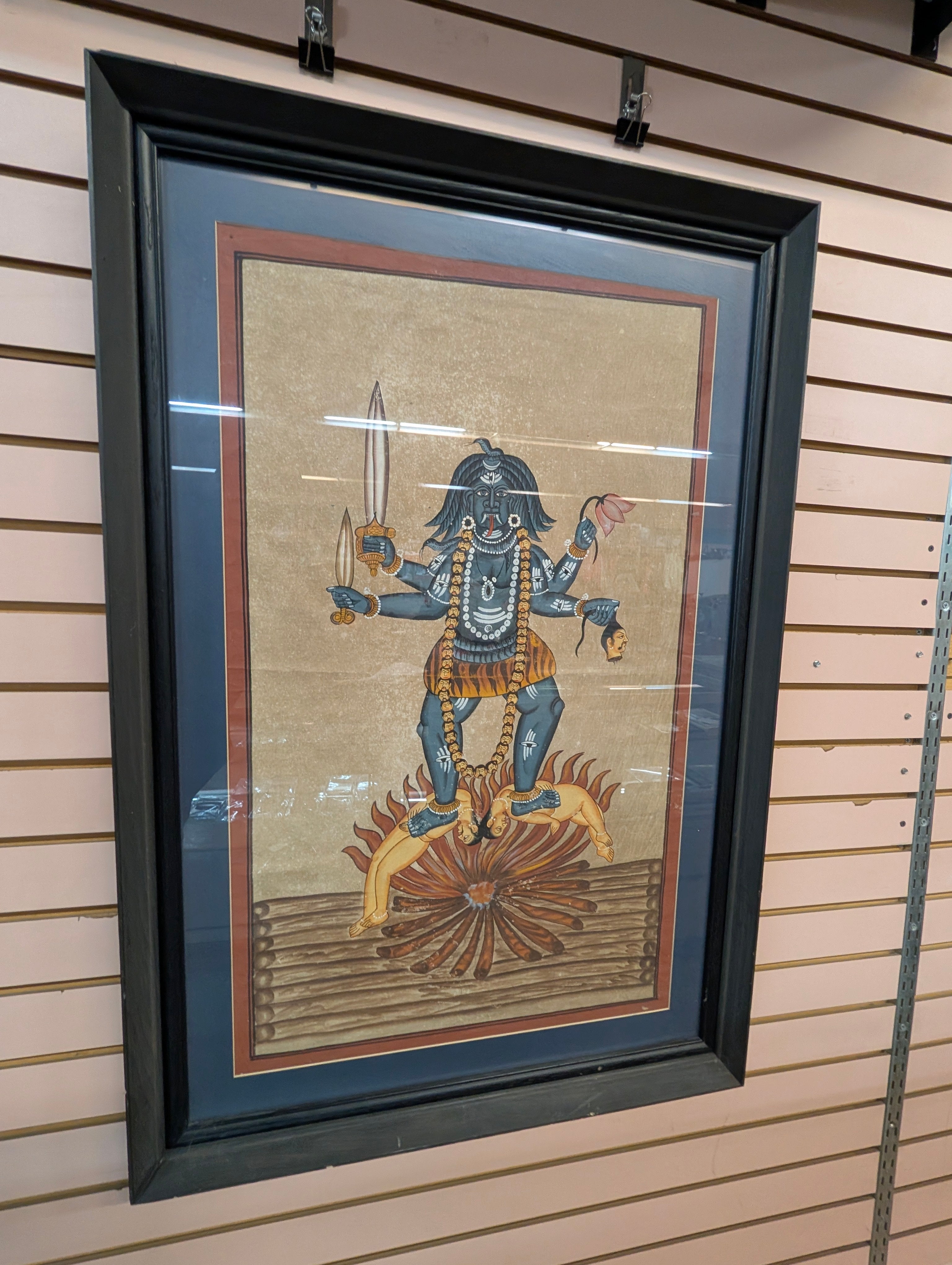 Vintage Hindu Goddess Kali Framed Painting Folk Art Religious Wall Decor Artwork