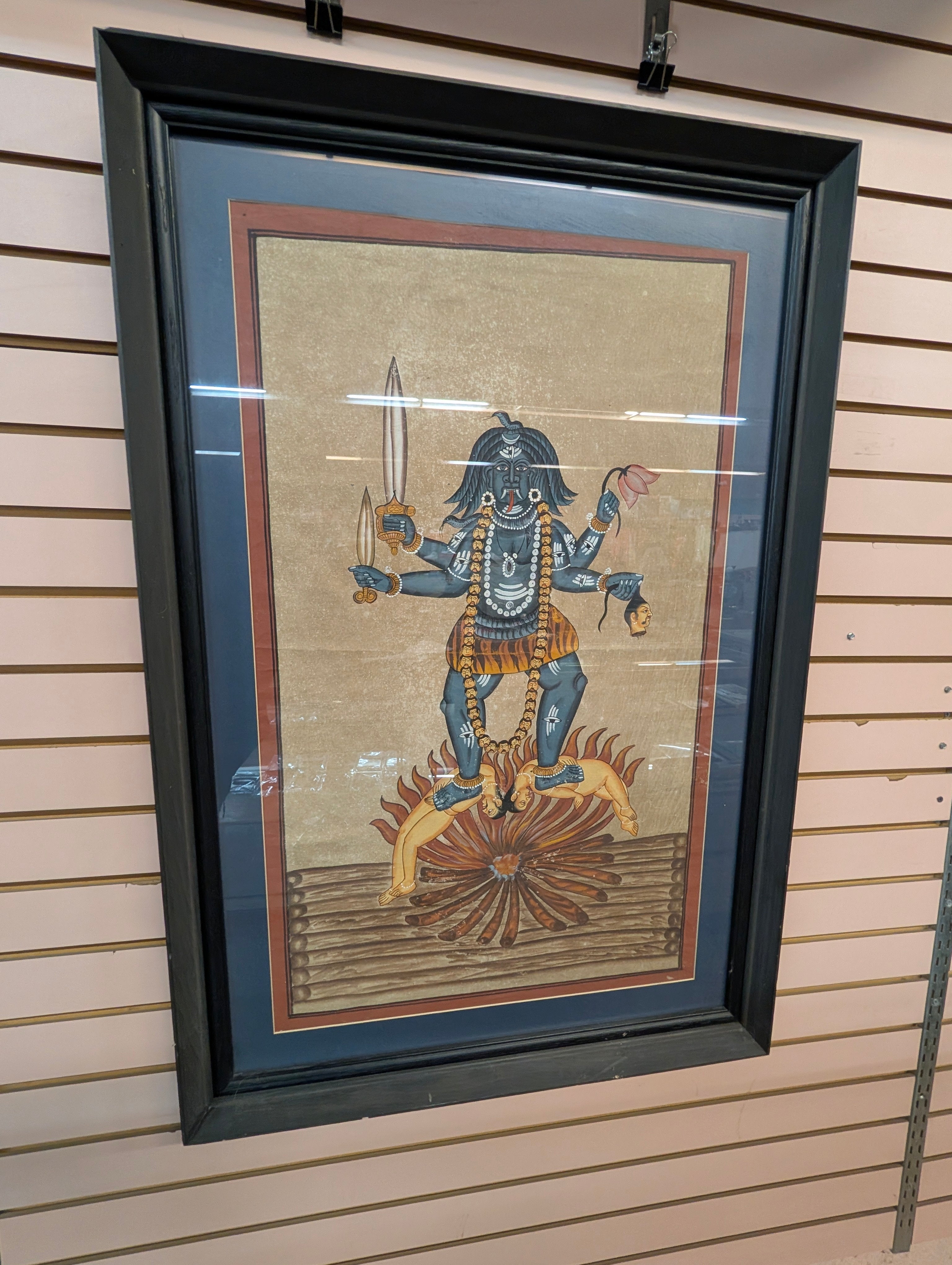 Vintage Hindu Goddess Kali Framed Painting Folk Art Religious Wall Decor Artwork