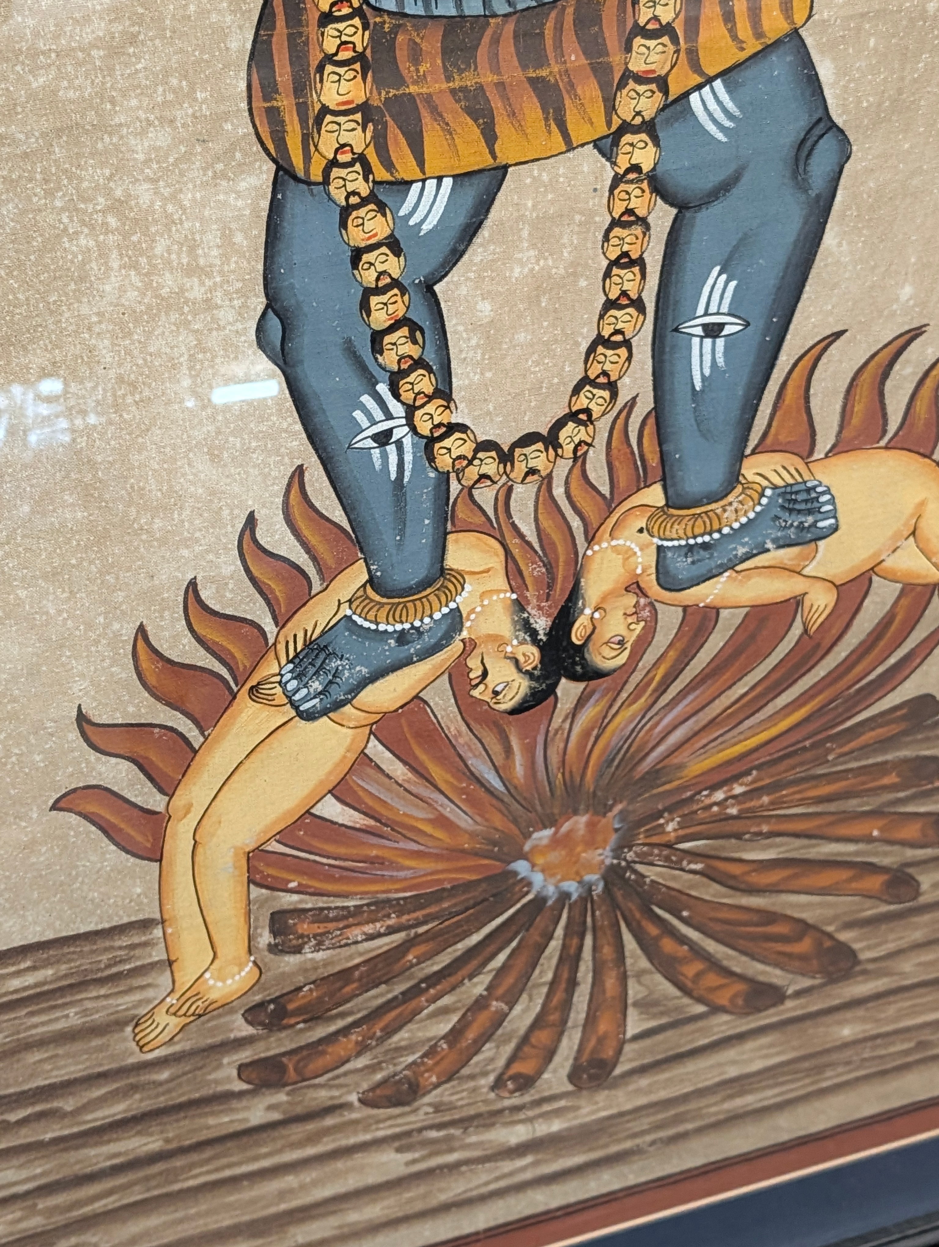 Vintage Hindu Goddess Kali Framed Painting Folk Art Religious Wall Decor Artwork