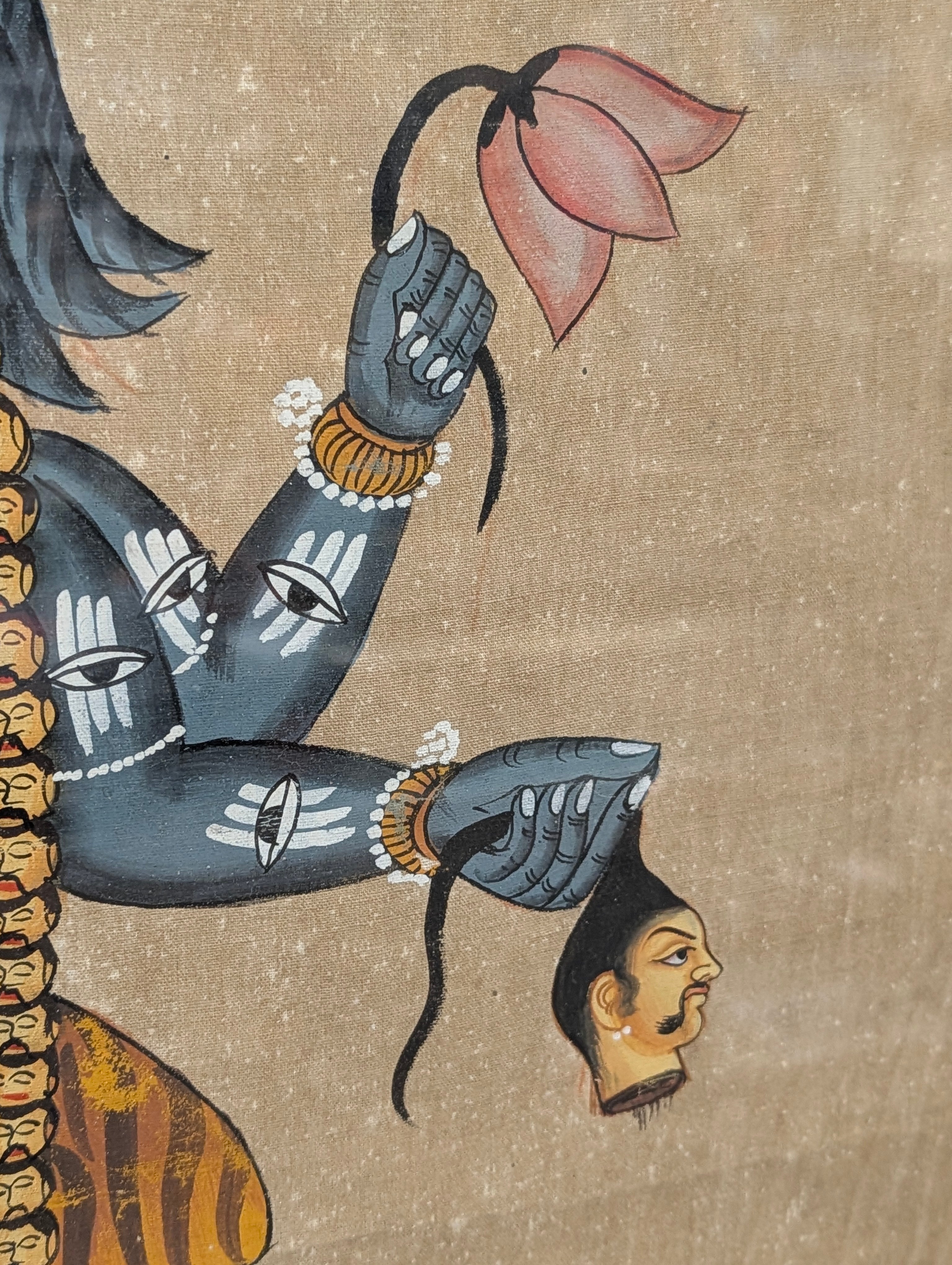 Vintage Hindu Goddess Kali Framed Painting Folk Art Religious Wall Decor Artwork
