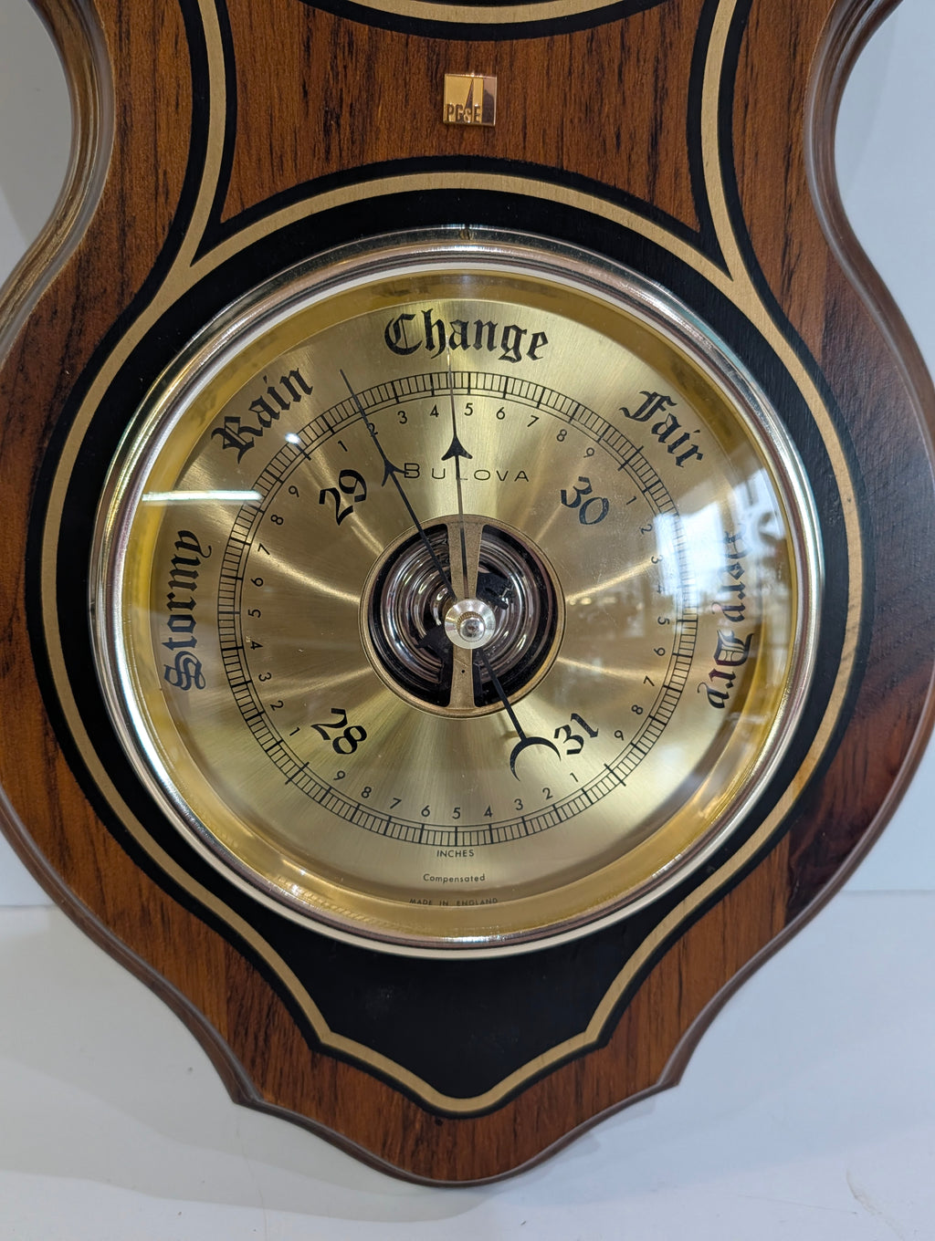 Vintage Bulova Quartz Wall Clock Barometer Thermometer Wood Weather Station