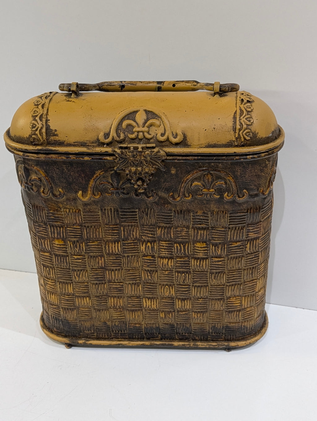 Vintage Ornate Metal Storage Chest Fleur De Lis Basket Style Hinged Lid Box