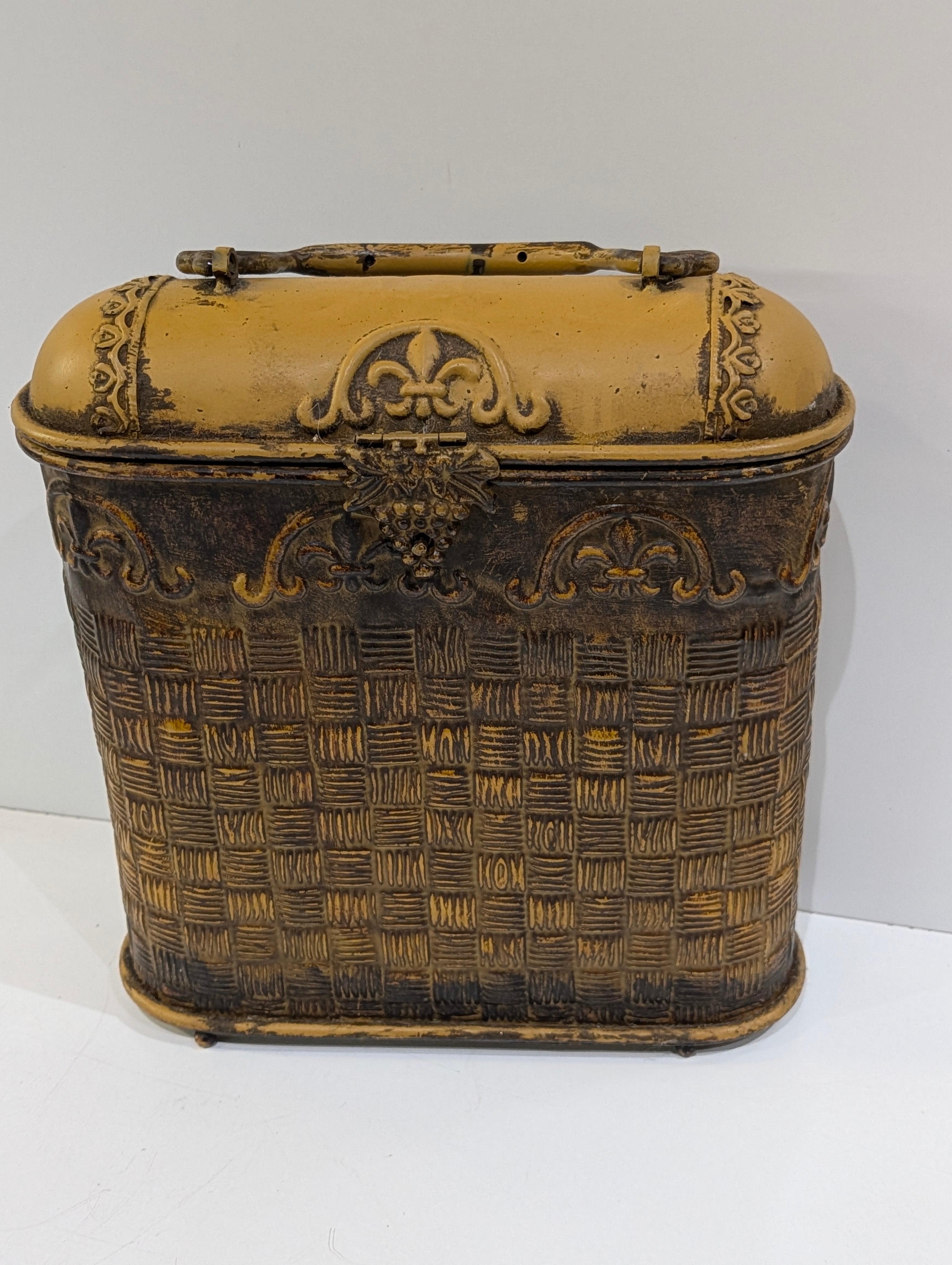 Vintage Ornate Metal Storage Chest Fleur De Lis Basket Style Hinged Lid Box